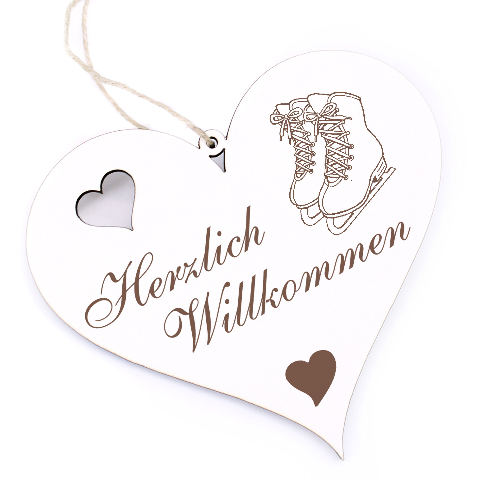 Herzlich Willkommen Schild - Schlittschuhe - Deko Herz Holz