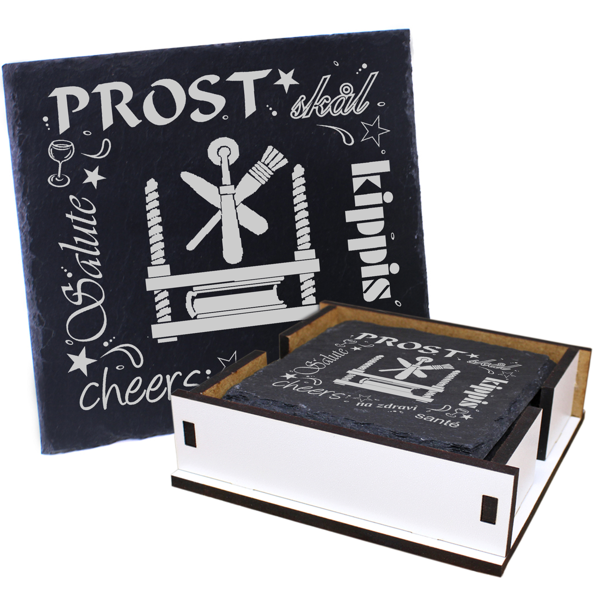 5 x Schiefer Untersetzer - Prost Buchbinder - inkl. Holzbox & Flaschenuntersetzer