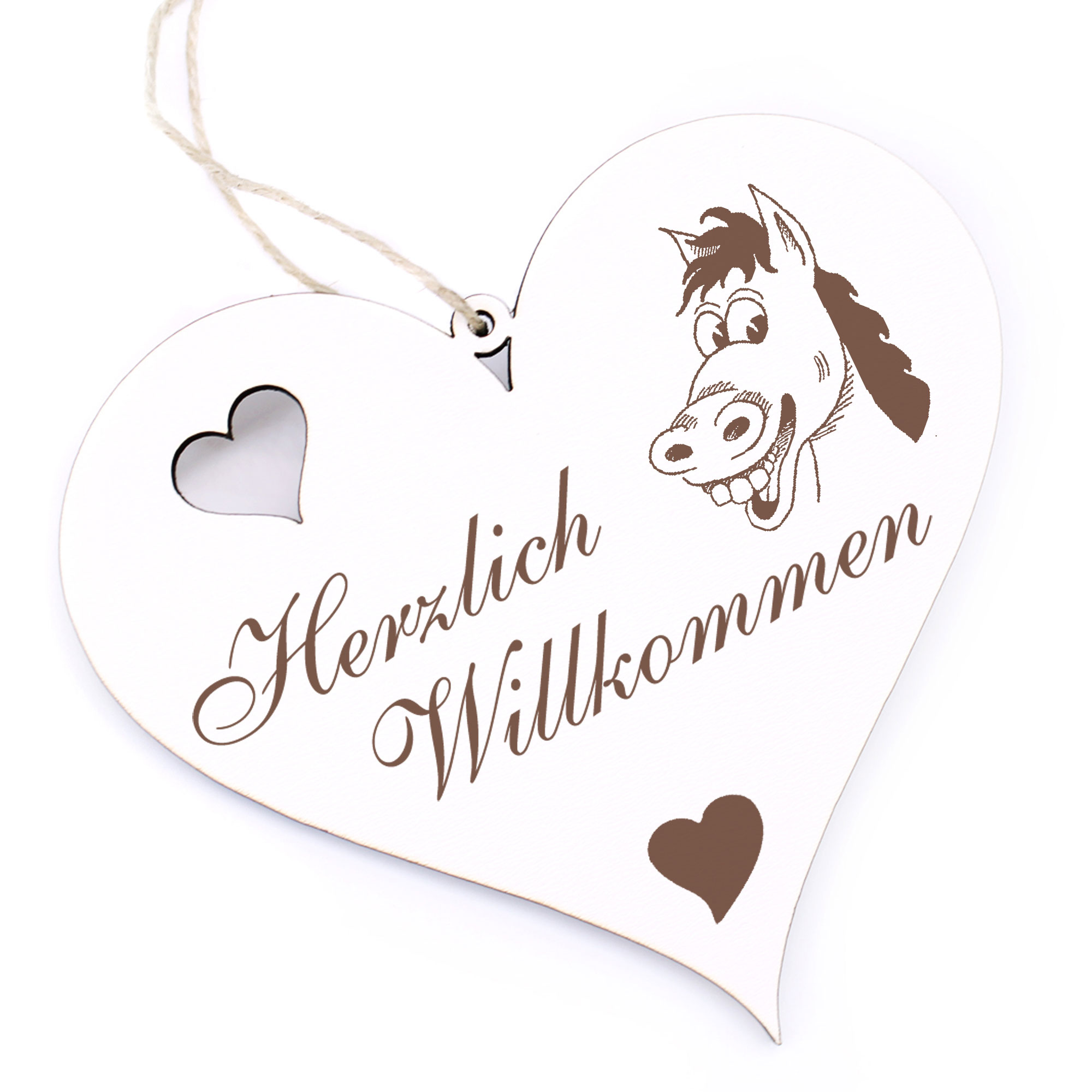 Herzlich Willkommen Schild - lustiger Pferdekopf - Deko Herz Holz