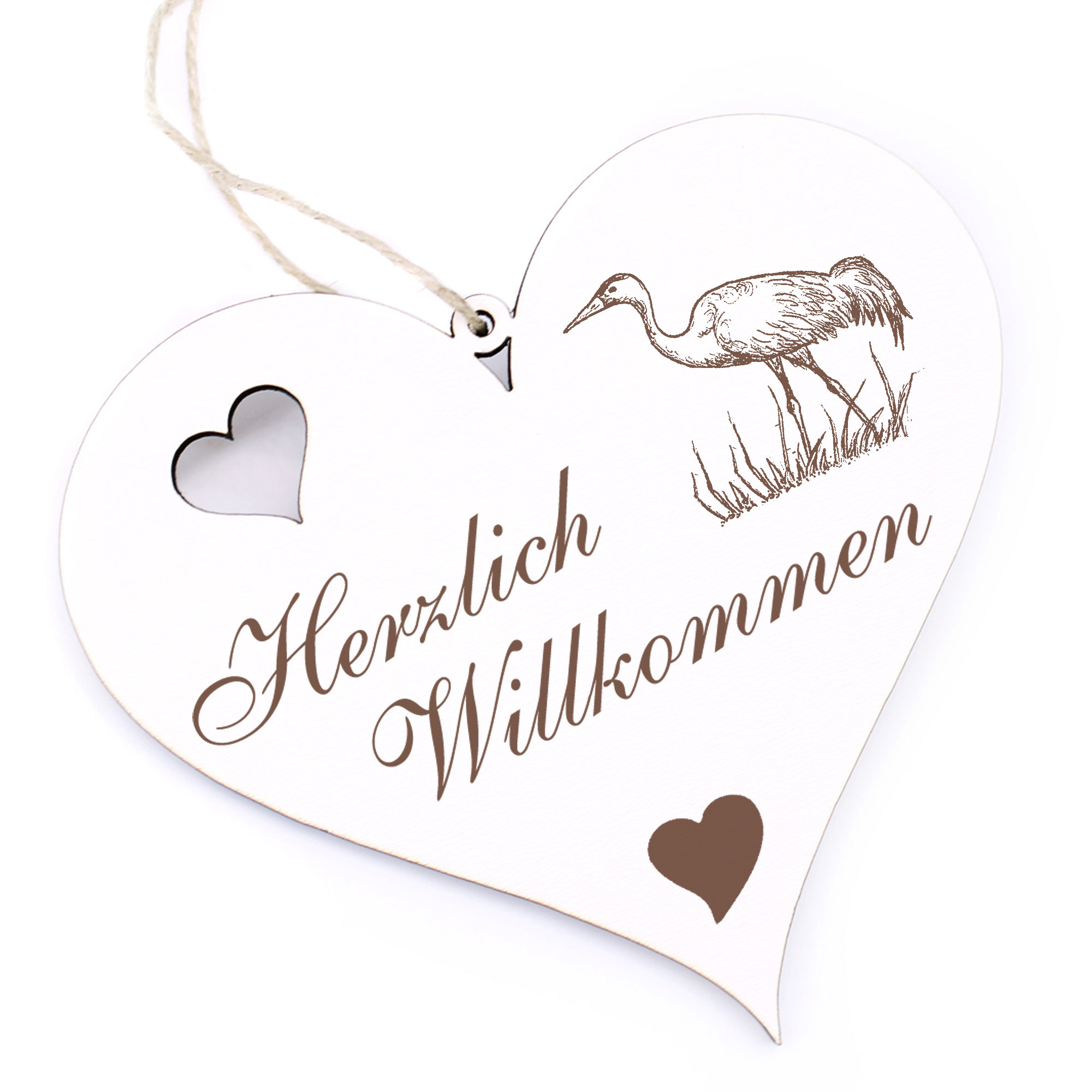 Herzlich Willkommen Schild - Kranich auf Wiese - Deko Herz Holz