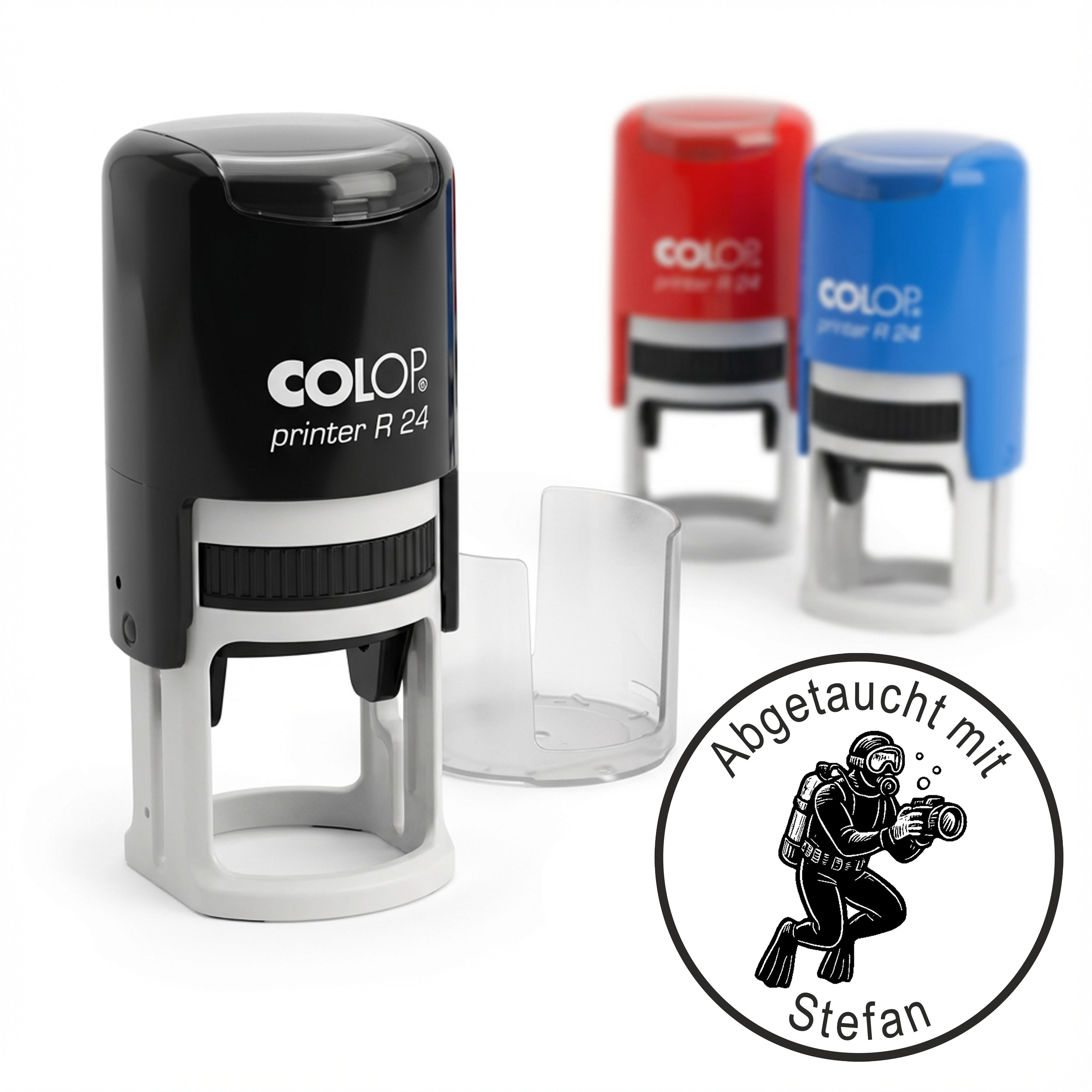 Taucherstempel Taucher mit Kamera 24x24 mm –  runder Stempel personalisiert für Taucherlogbuch, Tauchlogbuch & Tauchbuch