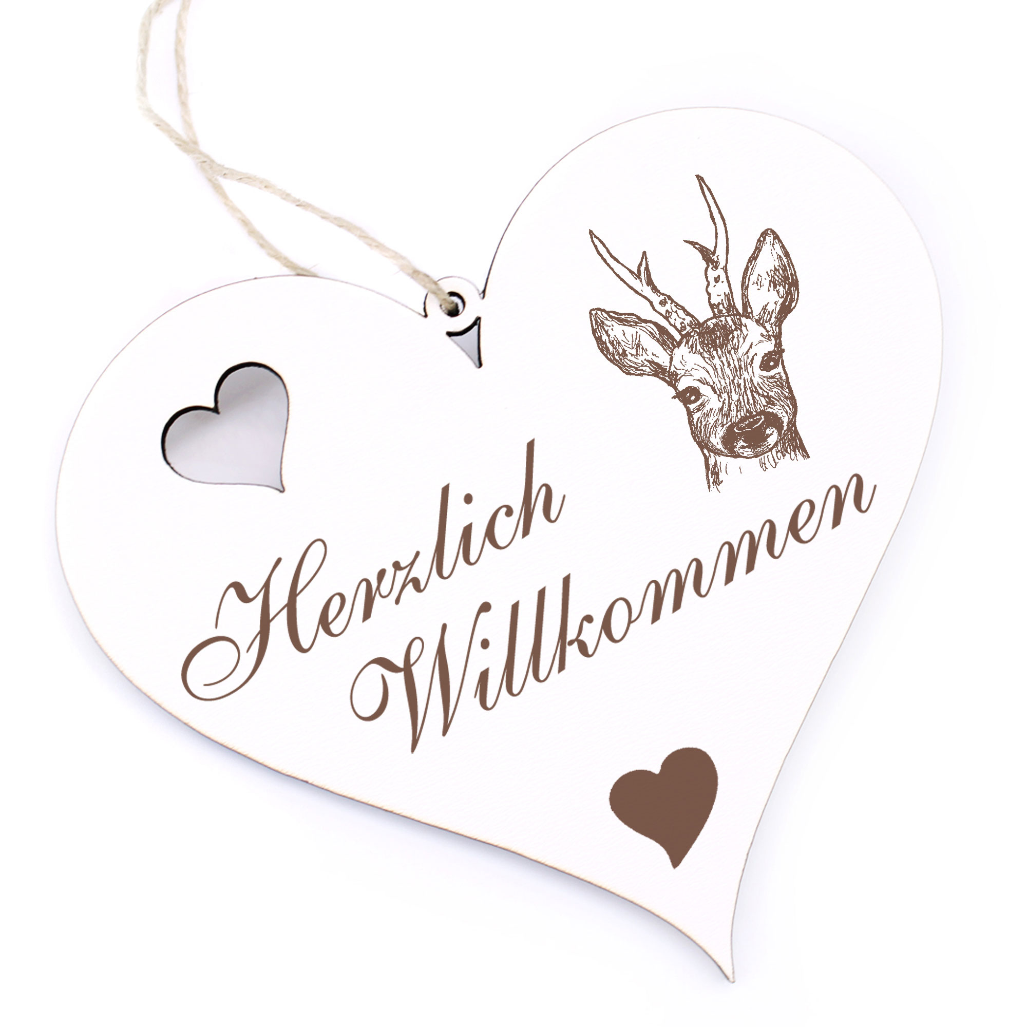 Herzlich Willkommen Schild - Reh Kopf - Deko Herz Holz