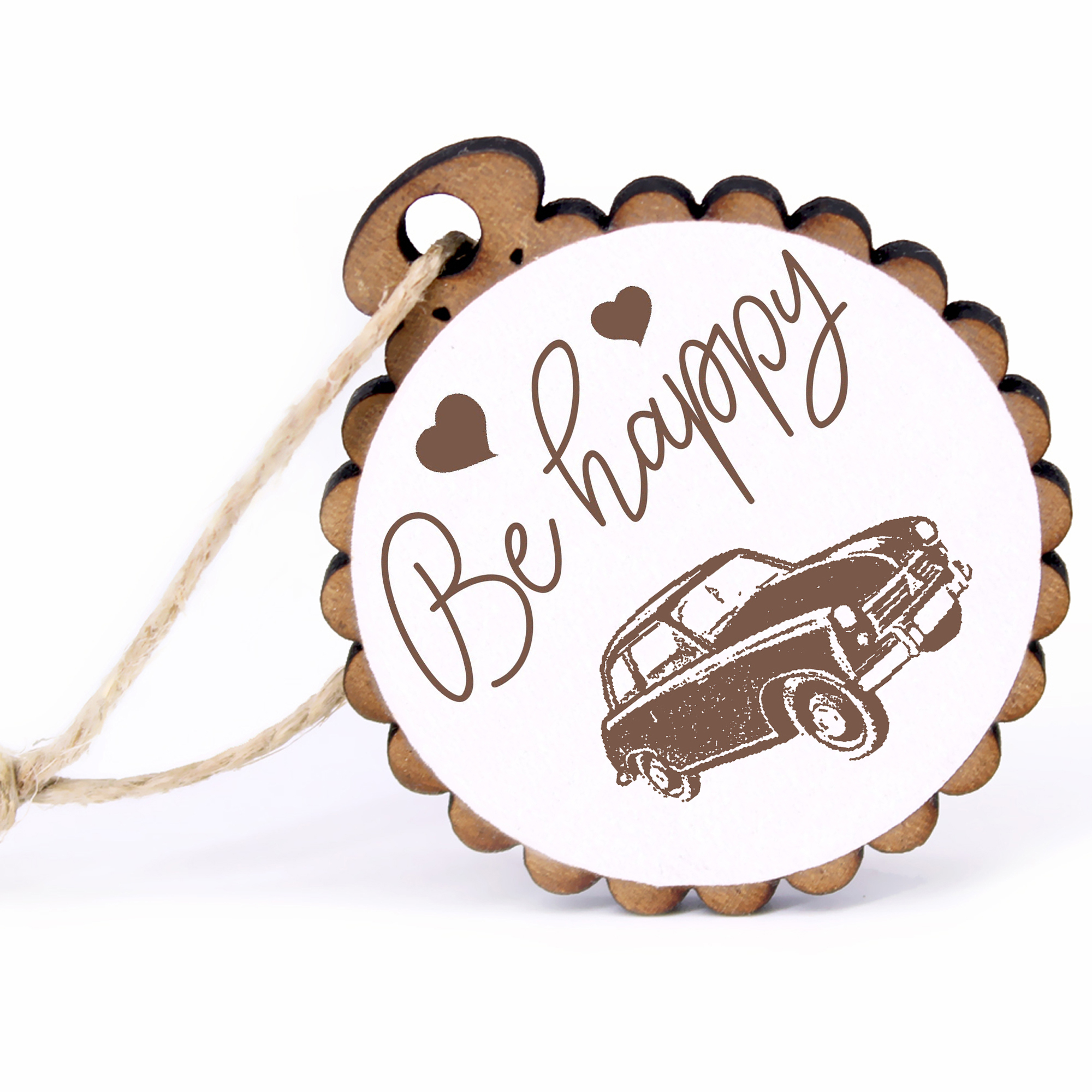 Geschenkanhänger - Be Happy Oldtimer -  Holz Ø-5cm - mit Juteband