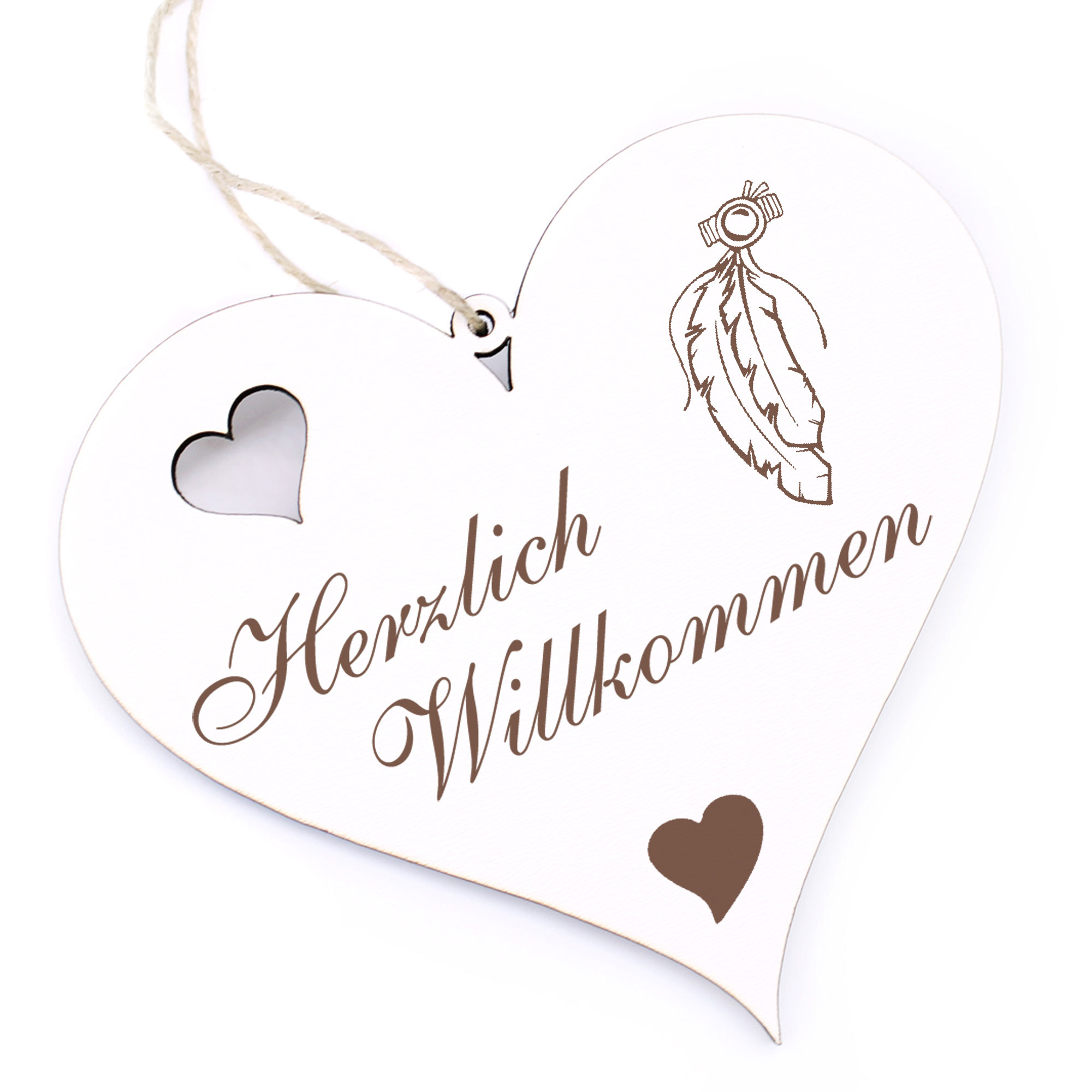 Herzlich Willkommen Schild - Indianerfeder - Deko Herz Holz
