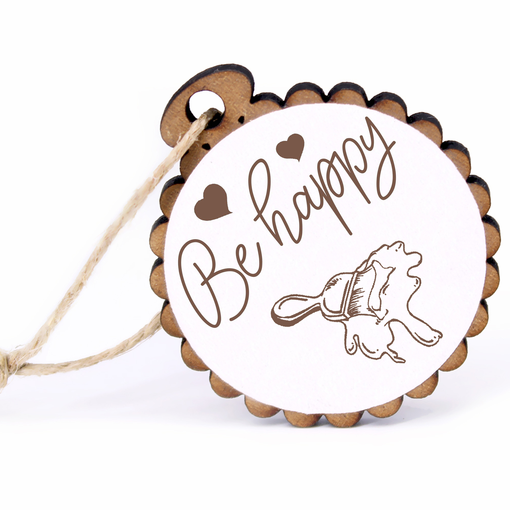 Geschenkanhänger - Be Happy Pinsel -  Holz Ø-5cm - mit Juteband