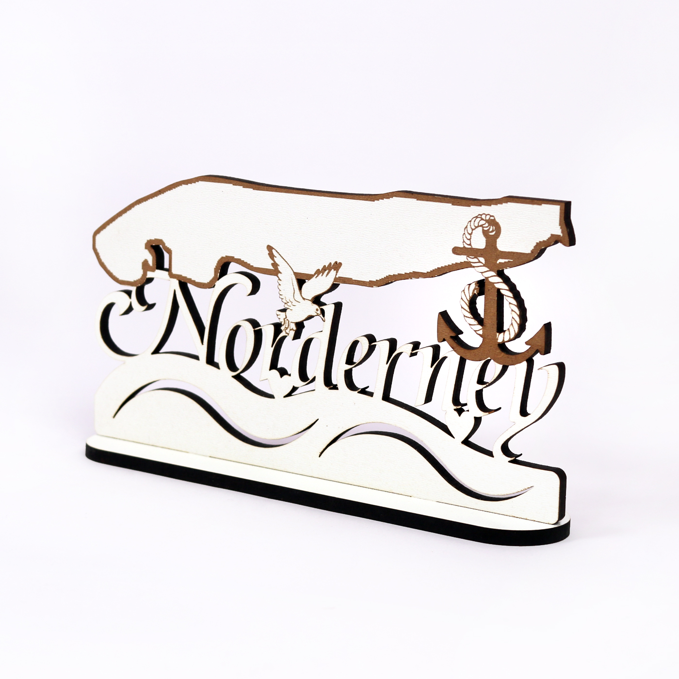 Schild « Insel Norderney » zum Hinstellen - mit Anker Möwe Herzen