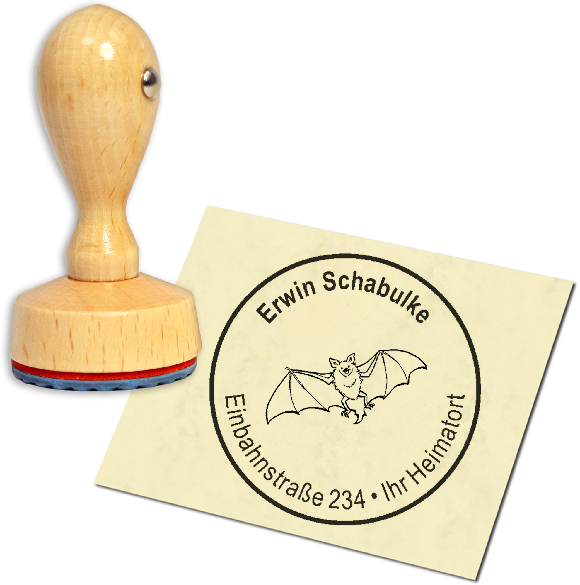 Stempel Adressstempel Holzstempel - niedliche Fledermaus - rund 40mm