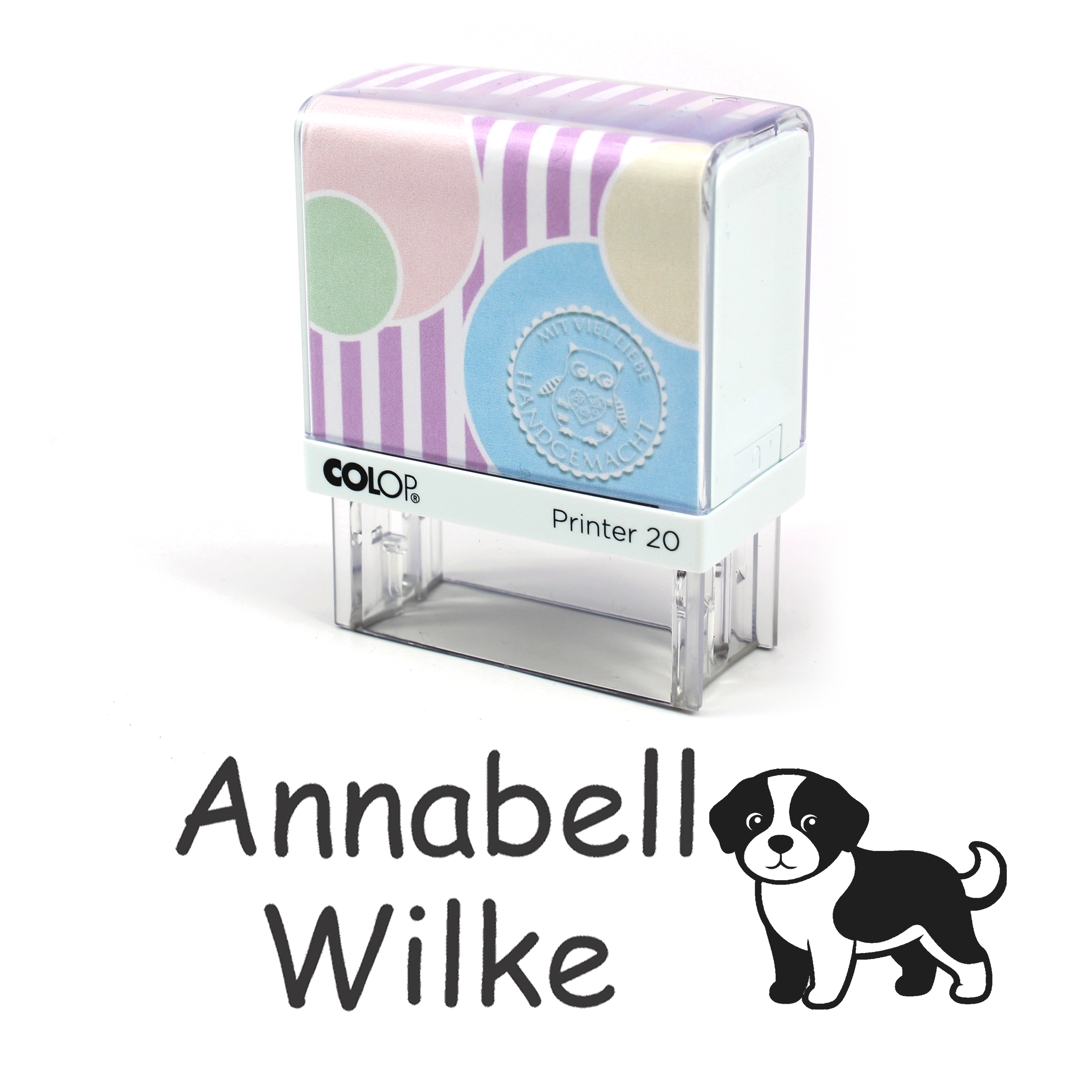 Textilstempel Hund - personalisierter Automatikstempel mit Namen - für Textilien Kleidung 38x14mm