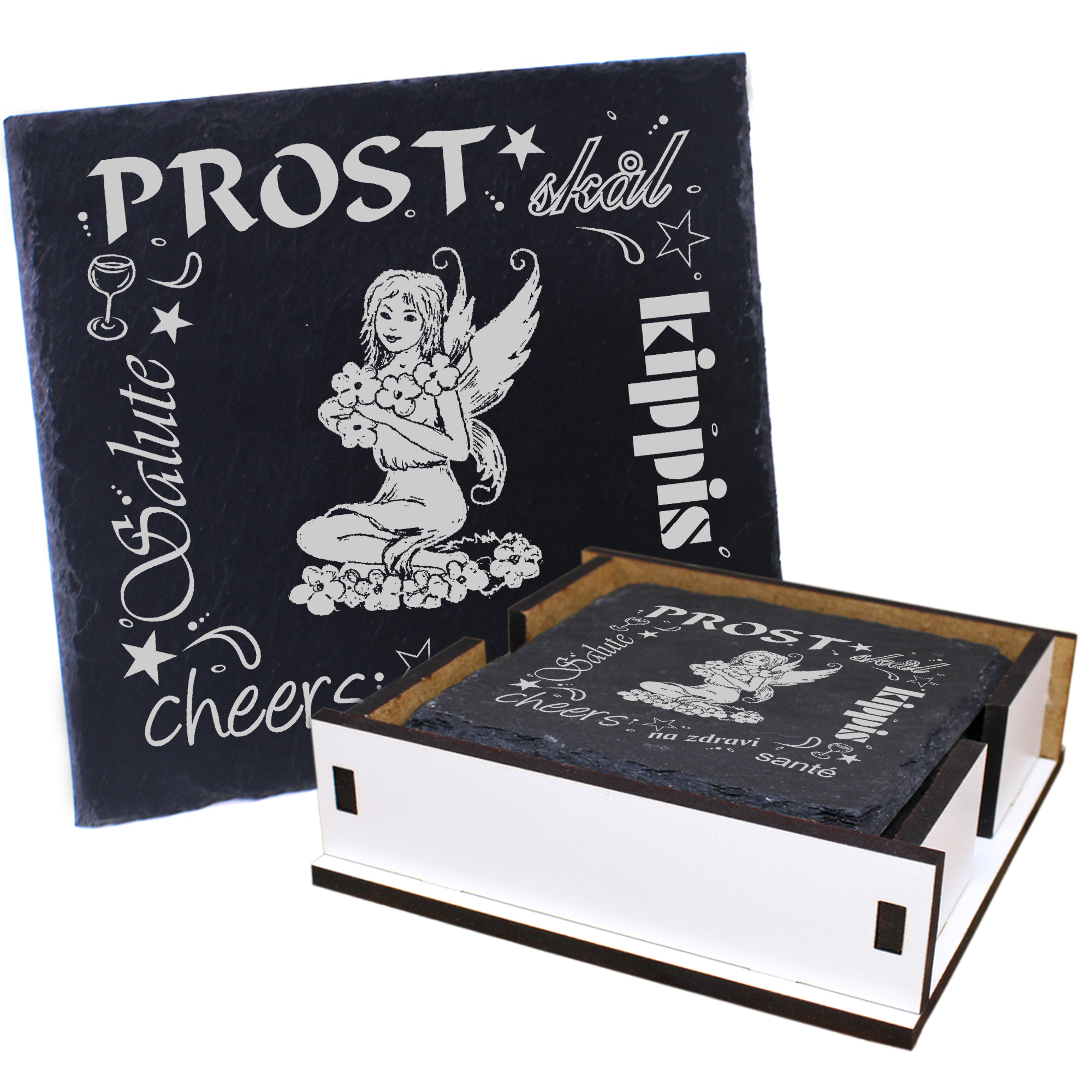 5 x Schiefer Untersetzer - Prost Elfe - inkl. Holzbox & Flaschenuntersetzer