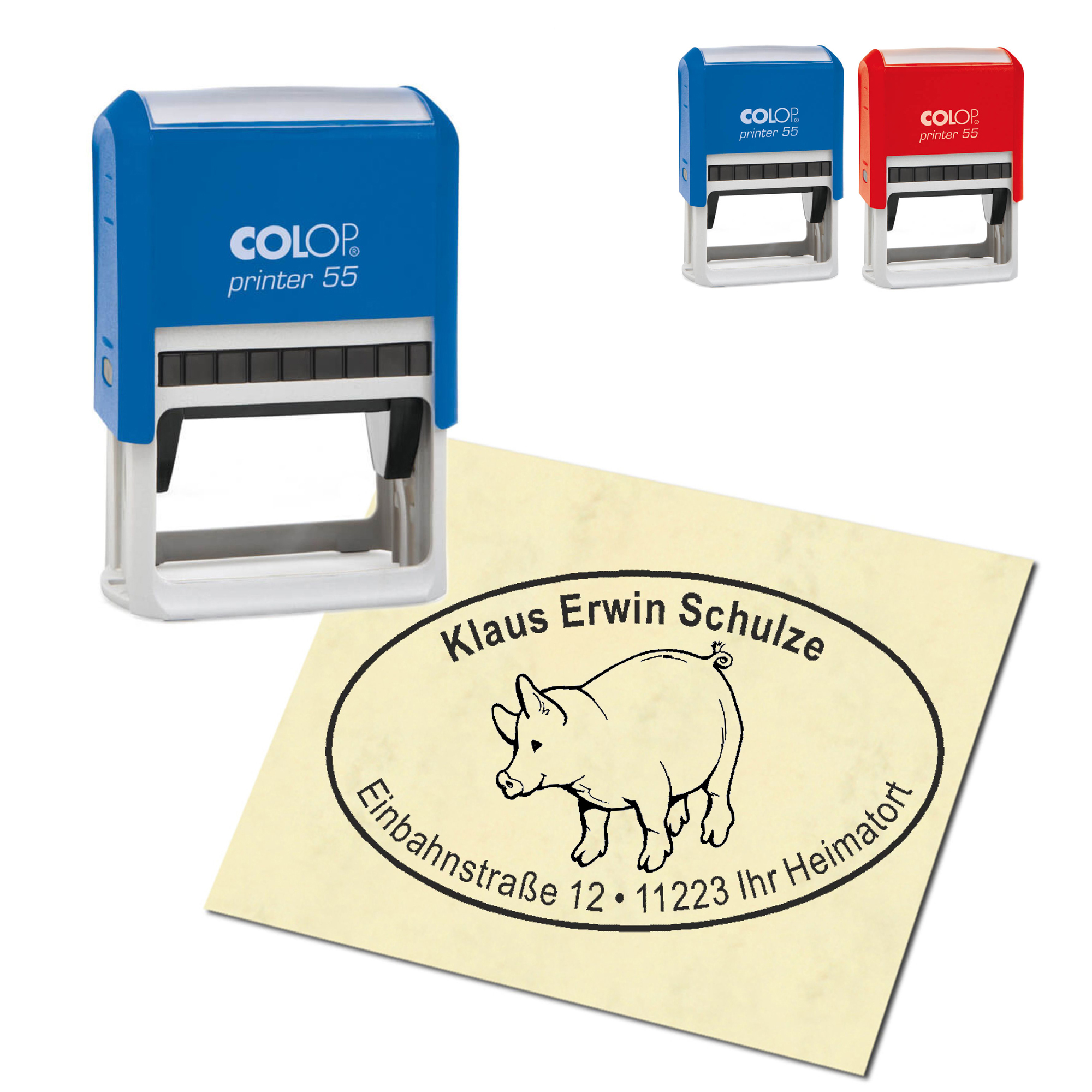 Adressstempel personalisiert Stempel - niedliches Schwein - oval 59 x 39 mm