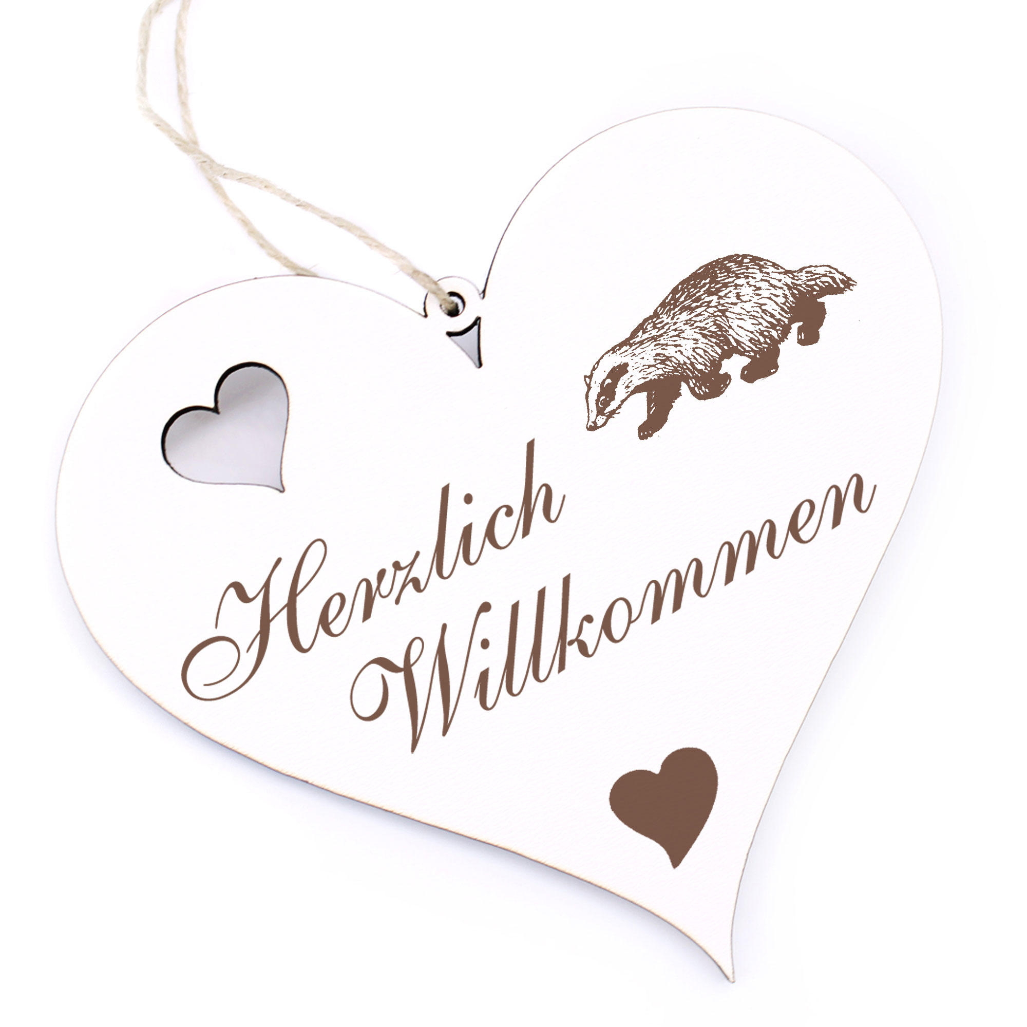 Herzlich Willkommen Schild - Dachs - Deko Herz Holz