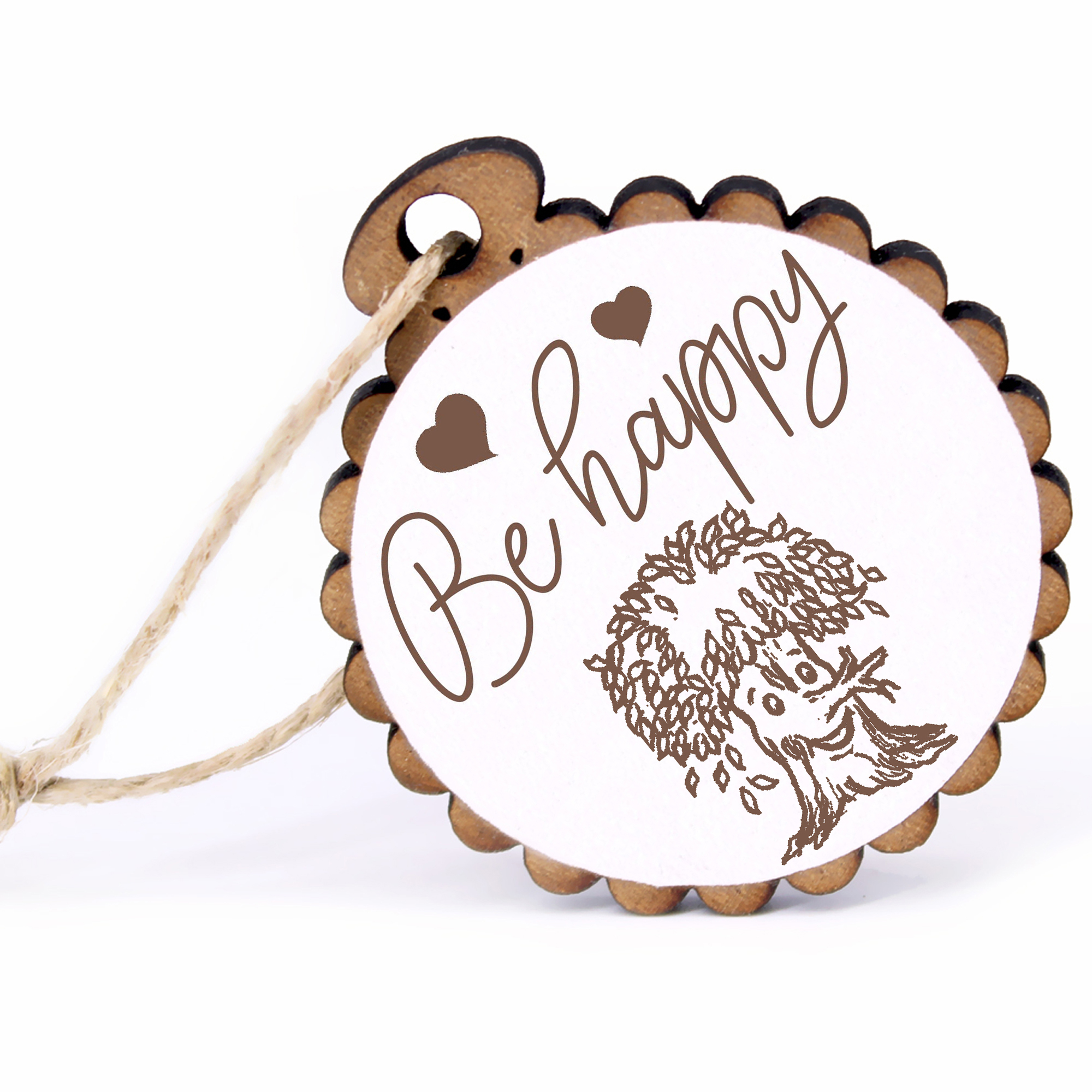 Geschenkanhänger - Be Happy lustiger Baum mit Gesicht -  Holz Ø-5cm - mit Juteband