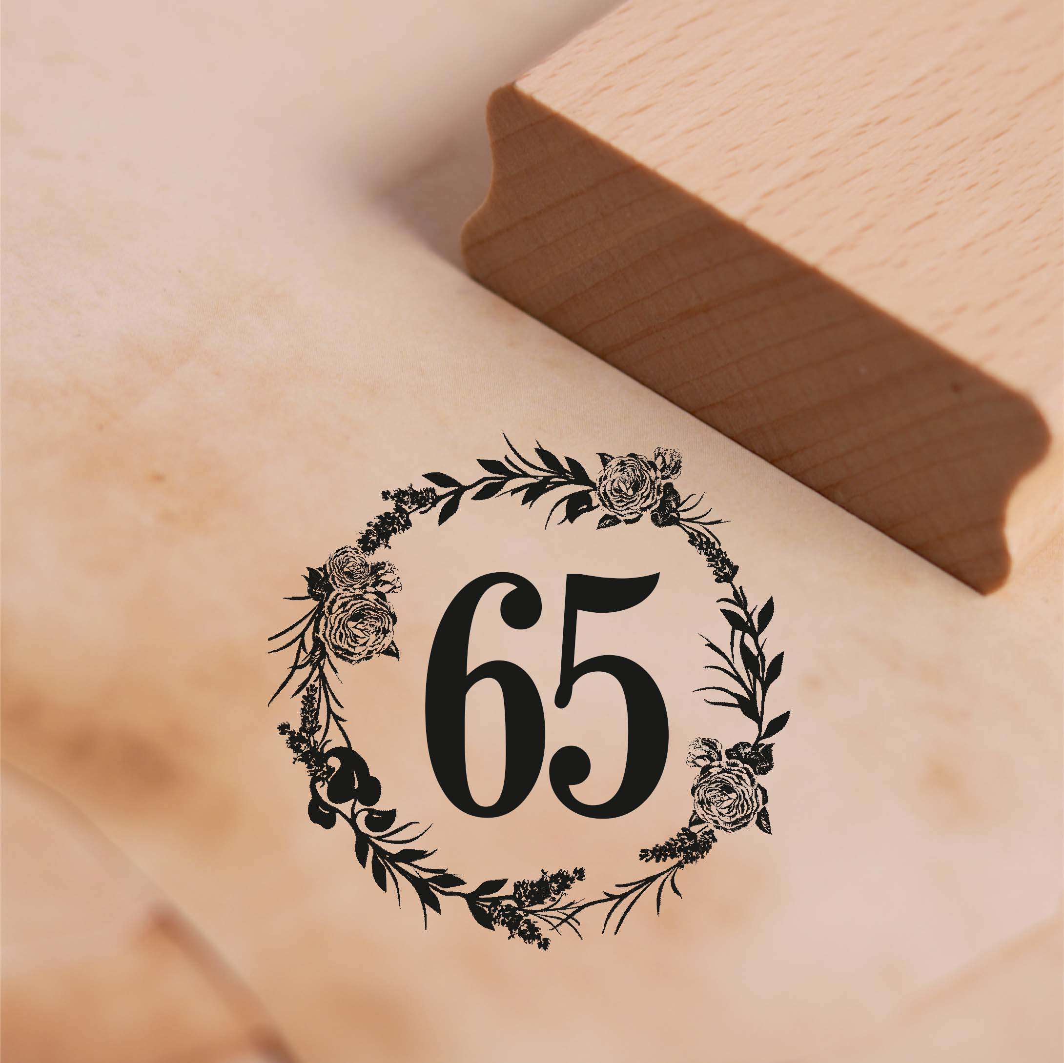 Motivstempel Jubiläum 65 Jahre Geburtstag Vintage Kranz Rosen Stempel 48 x 48 mm