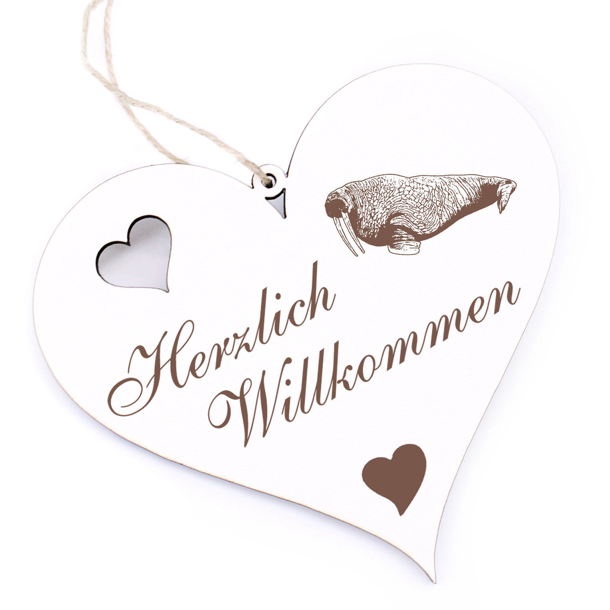 Herzlich Willkommen Schild - Walross - Deko Herz Holz
