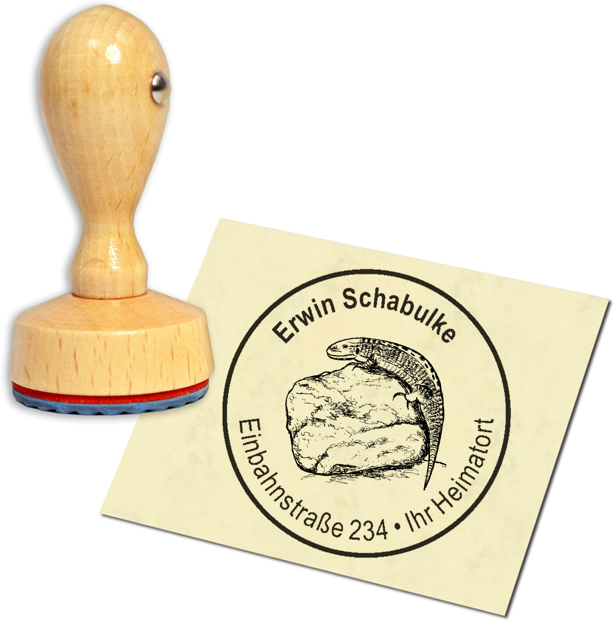 Stempel Adressstempel Holzstempel - Zauneidechse auf Stein - rund 40mm