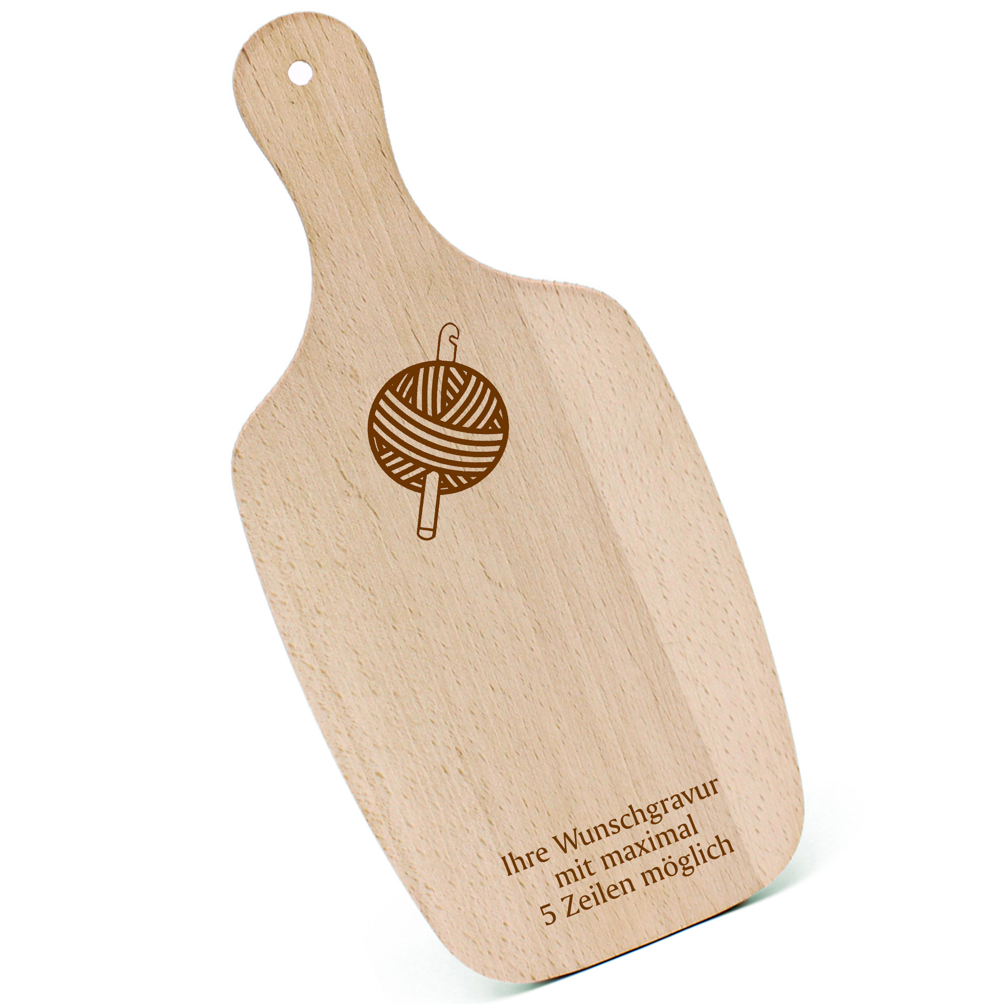 Schneidebrett Frühstücksbrettchen - Wolle und Häkelnadel - mit Griff 330x150mm