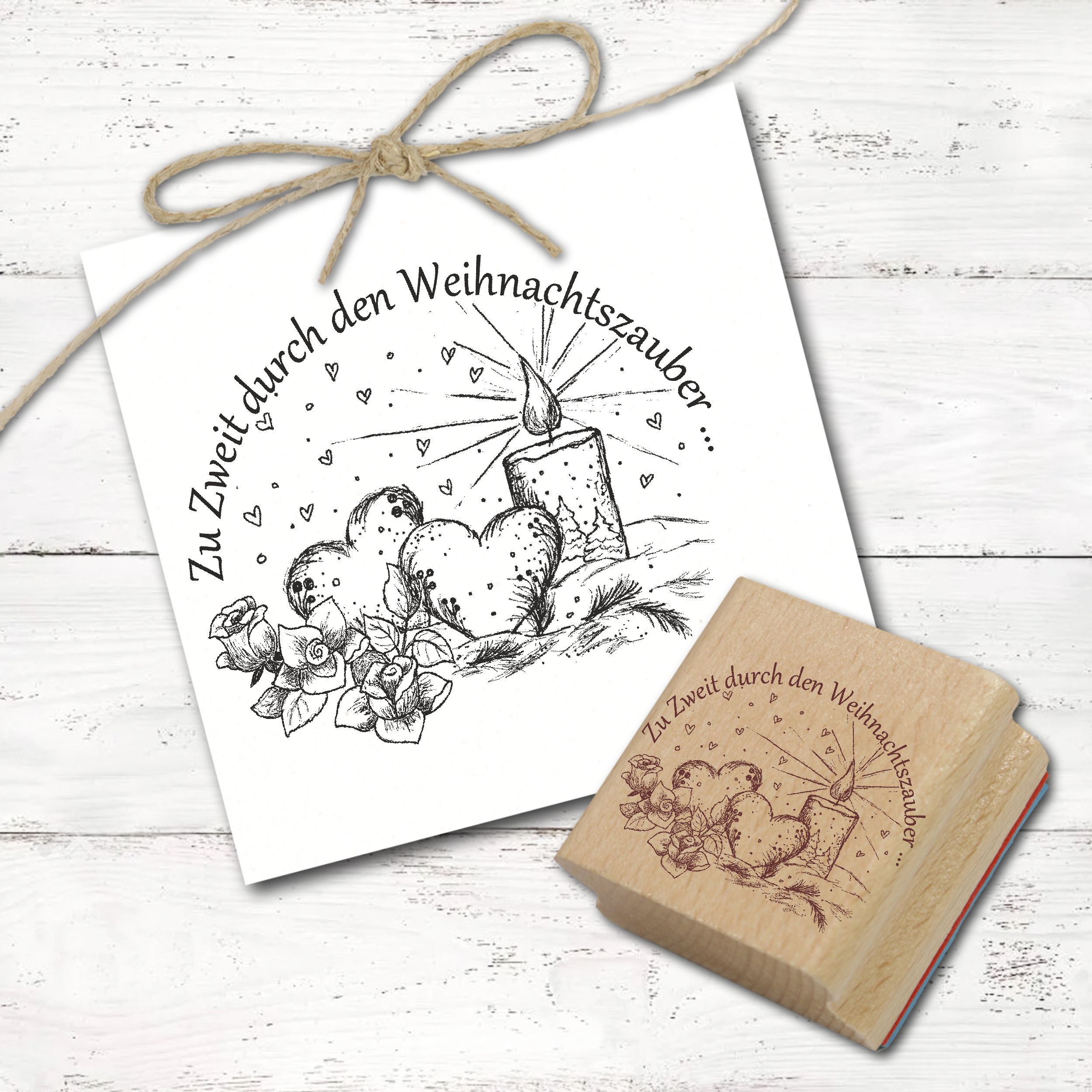Motivstempel Kerze und Herzen - Zu Zweit durch den Weihnachtszauber Stempel Holzstempel 68mm x 58mm