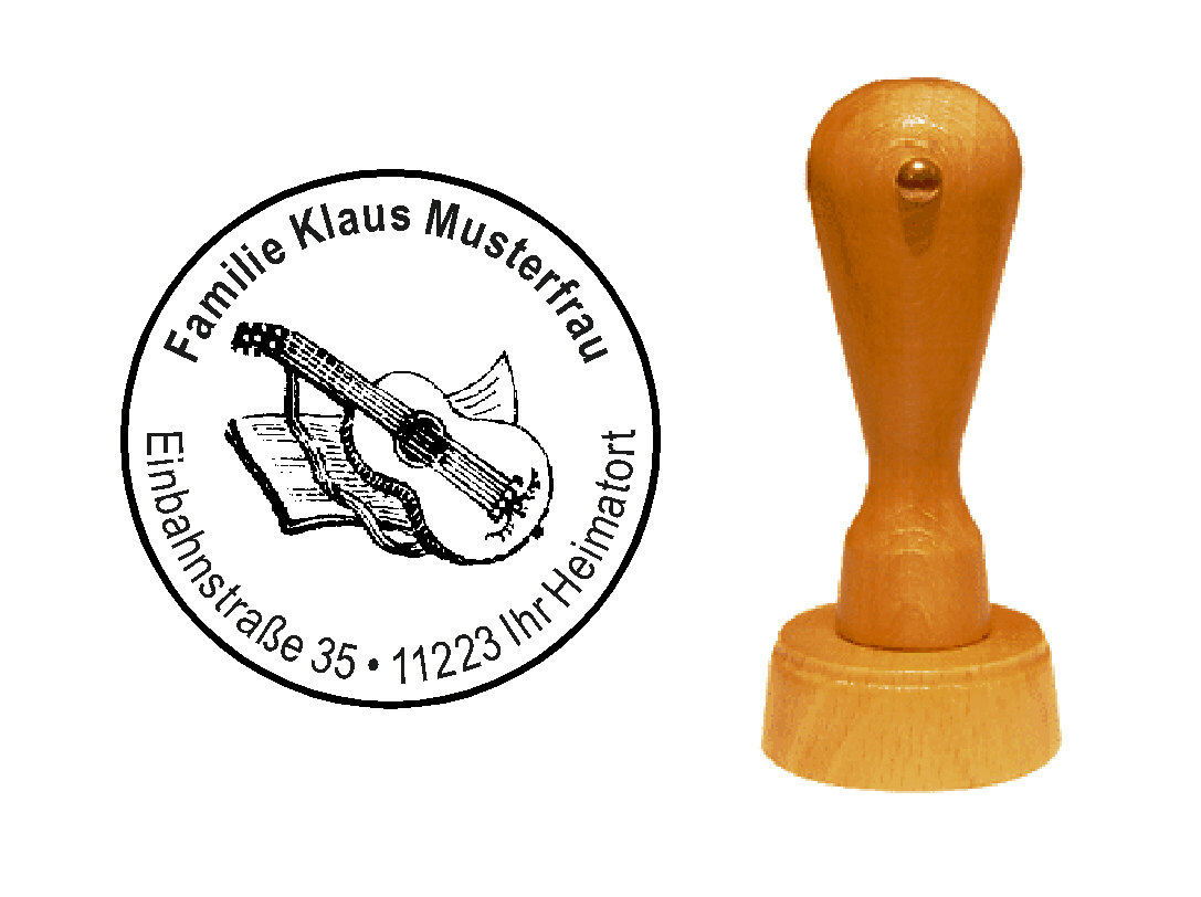 « Gitarre mit Notenbuch » Holzstempel mit persönlichem Wunschtext