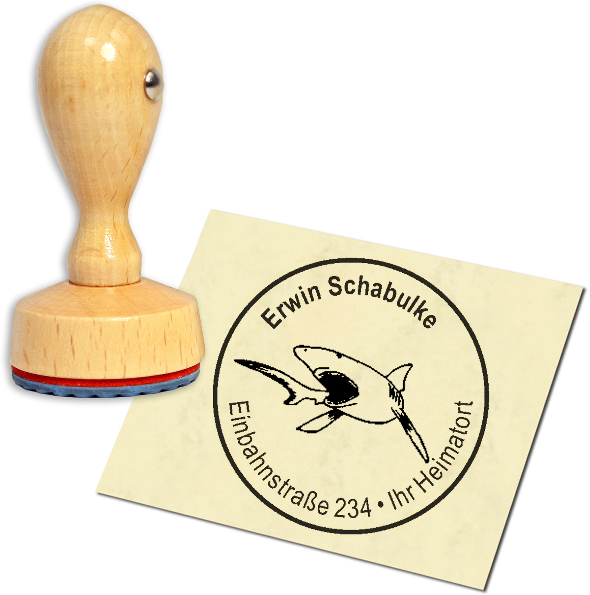 Stempel Adressstempel Holzstempel - Hai - rund 40mm