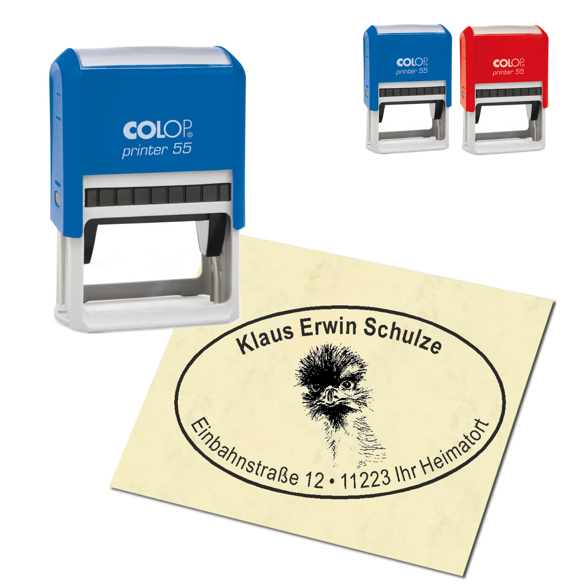Adressstempel personalisiert Stempel - Großer Emu - oval 59 x 39 mm