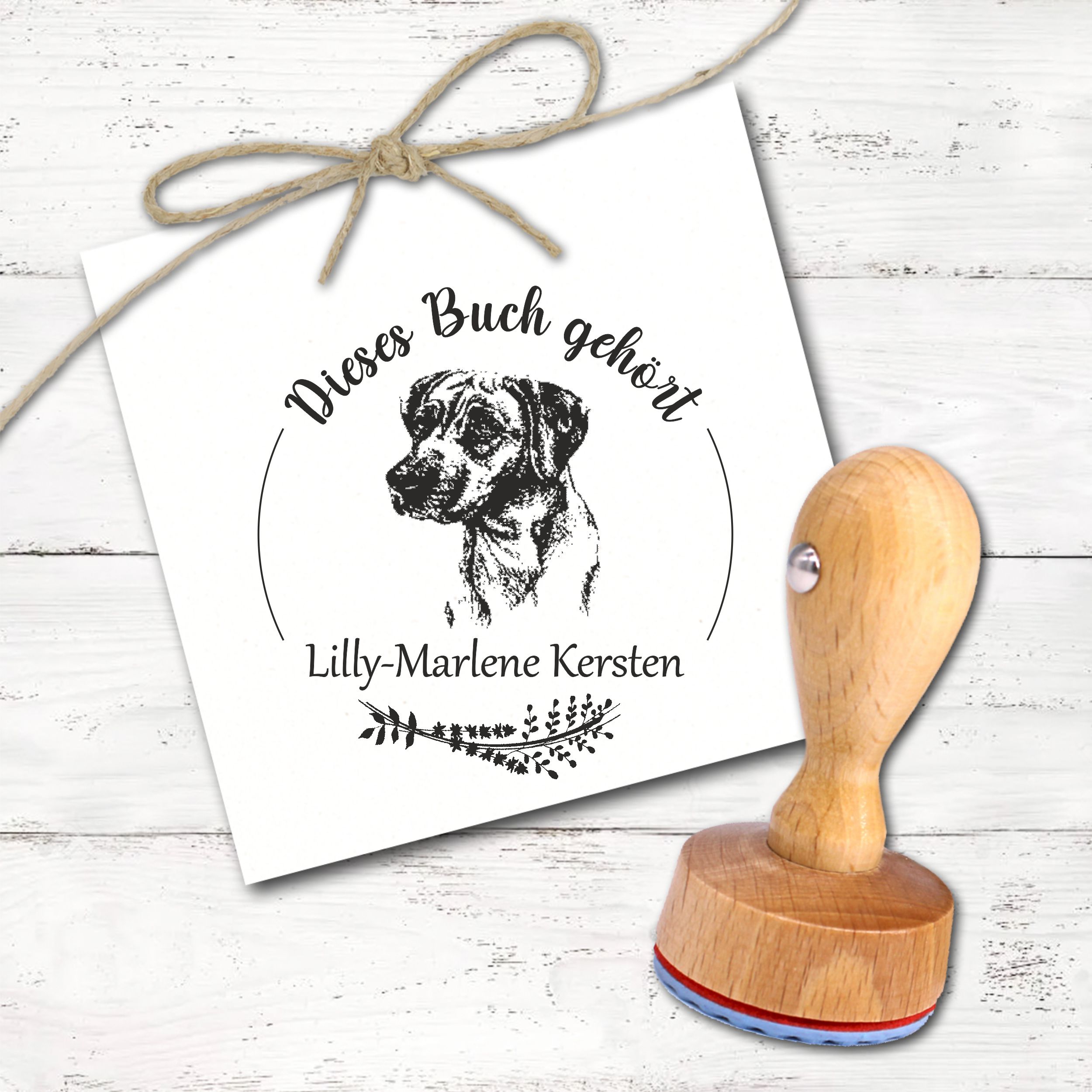 Ex Libris Stempel personalisiert mit Namen Motiv Rhodesian Ridgeback - Bücherstempel individuell - für Kinder, Schule & Lehrer - Ø 38 mm