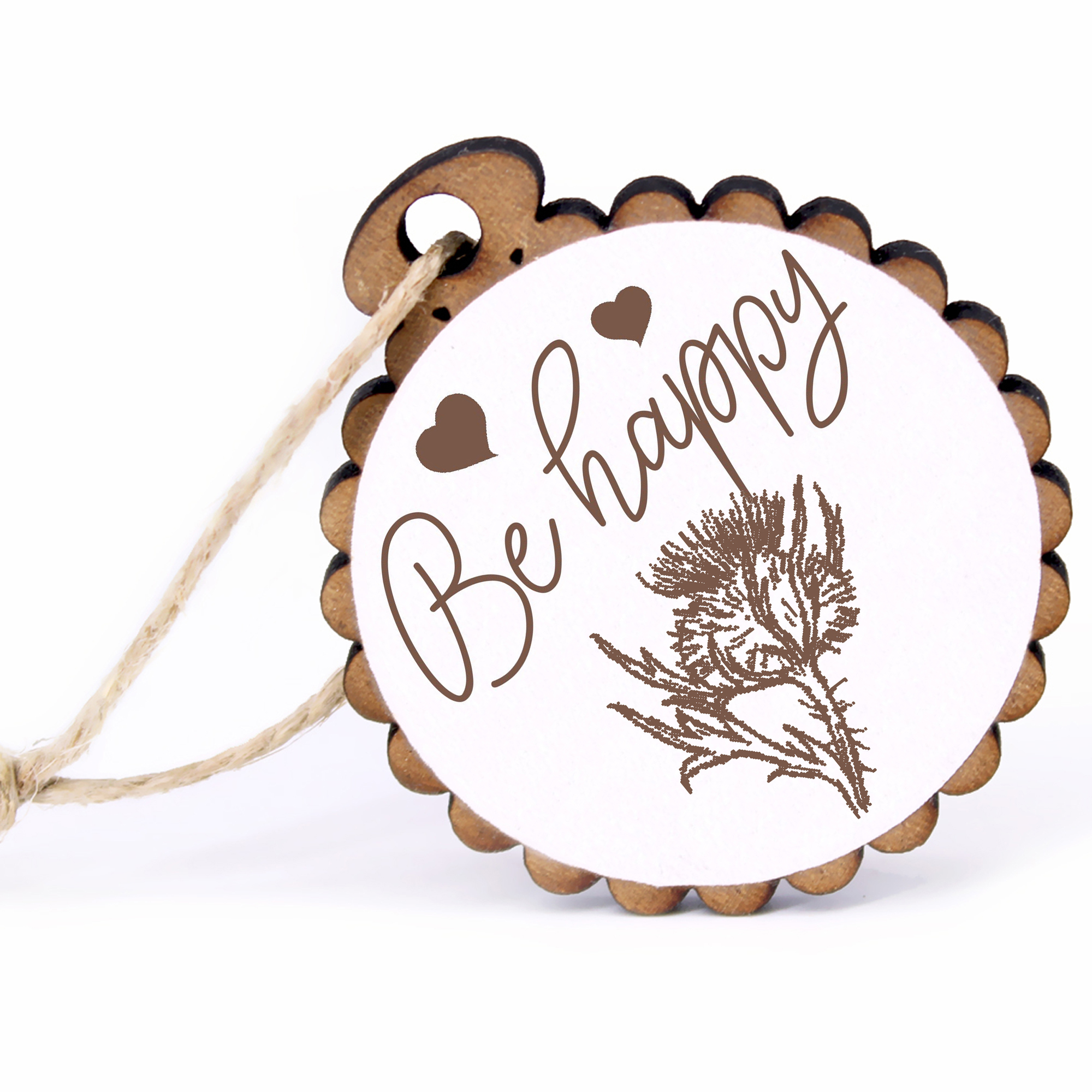 Geschenkanhänger - Be Happy Kratzdiestel -  Holz Ø-5cm - mit Juteband