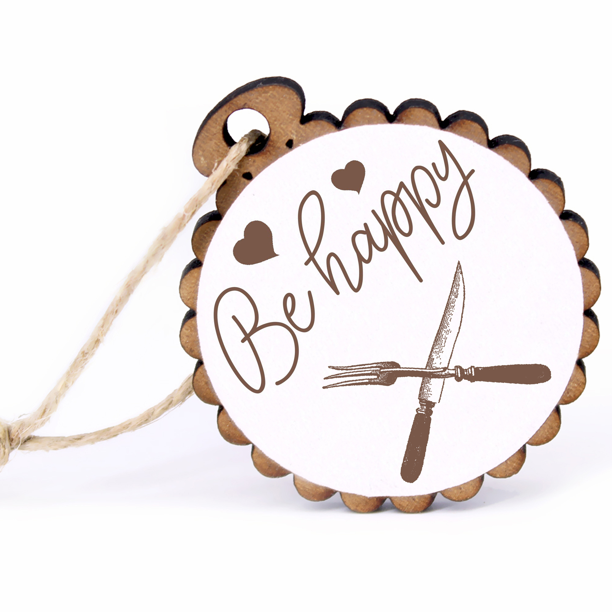Geschenkanhänger - Be Happy Messer & Gabel -  Holz Ø-5cm - mit Juteband