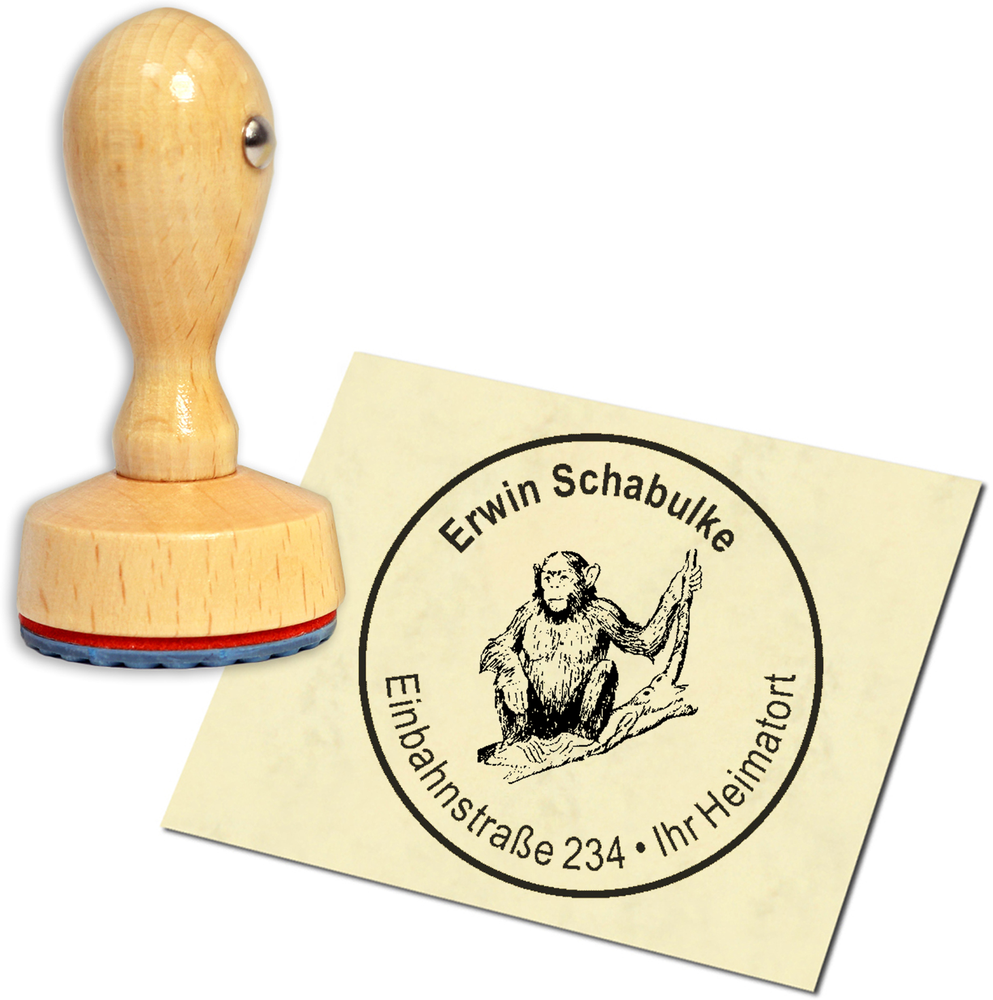 Stempel Adressstempel Holzstempel - Affe auf Ast - rund 40mm