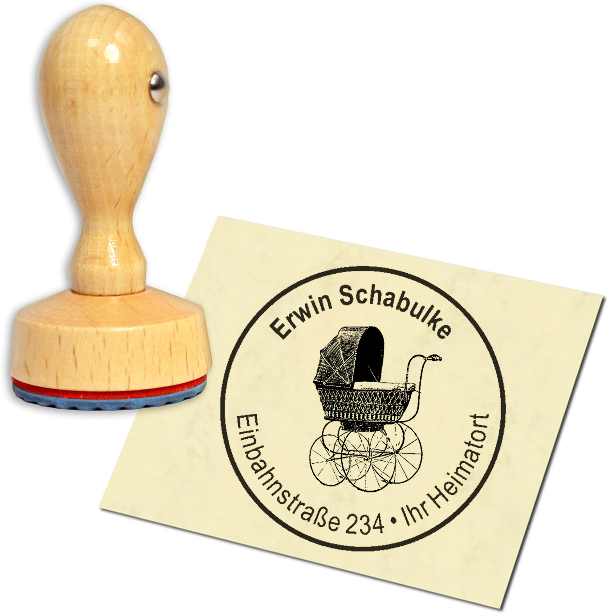 Stempel Adressstempel Holzstempel - alter Kinderwagen - rund 40mm