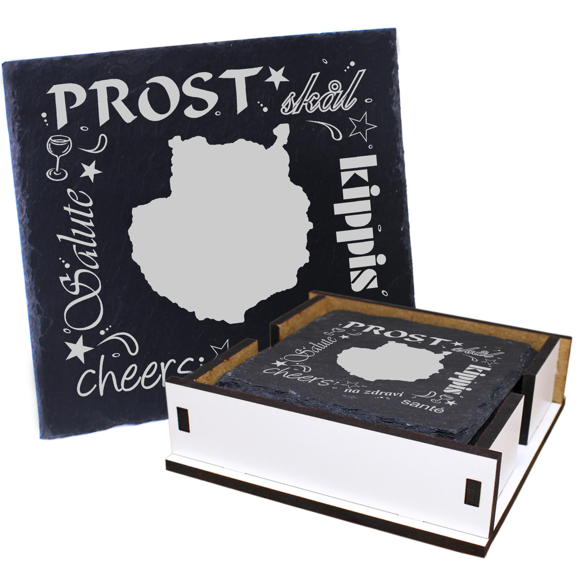 5 x Schiefer Untersetzer - Prost Insel Gran Canaria - inkl. Holzbox & Flaschenuntersetzer