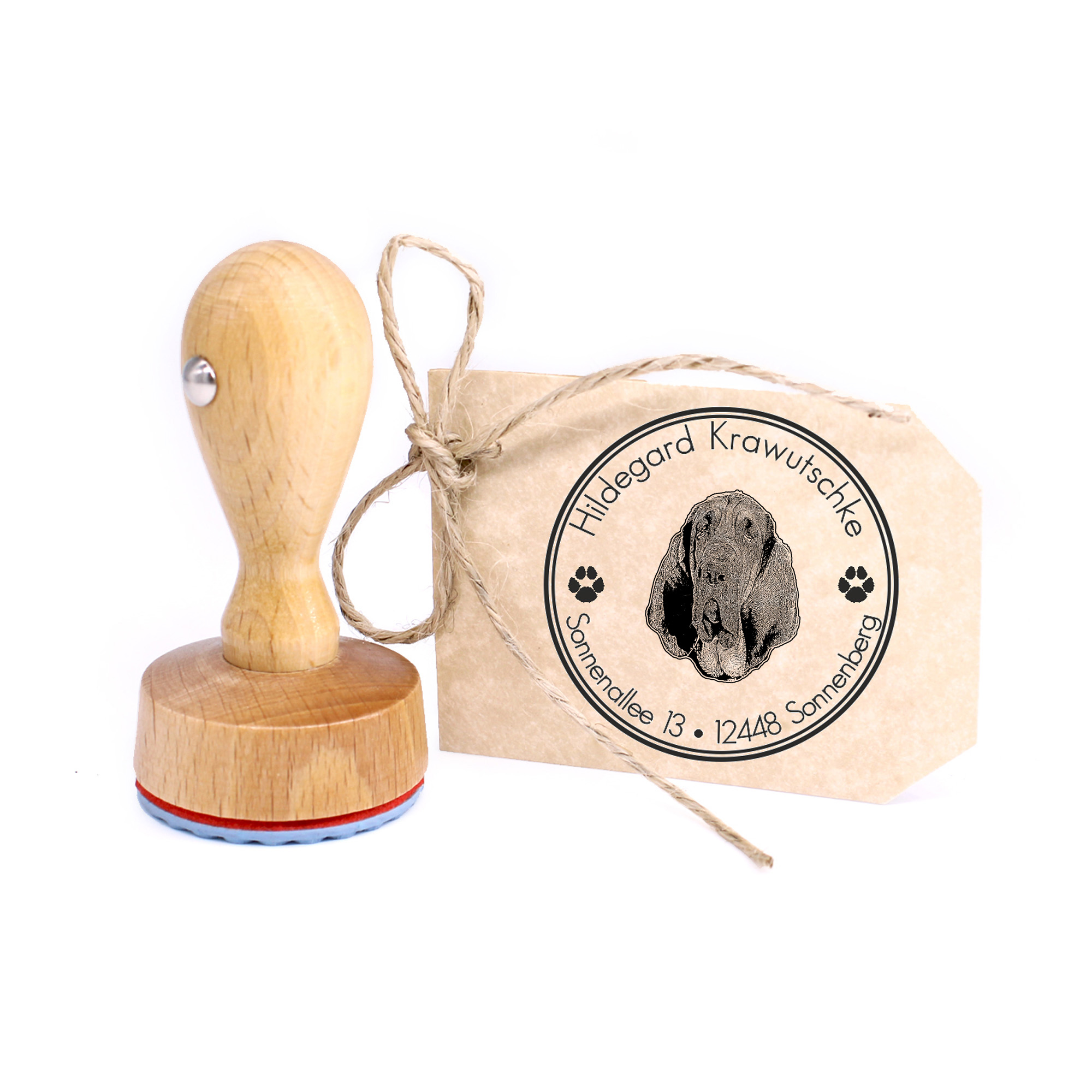 Stempel personalisiert Bloodhound  Hund Hunde rund 40mm Adressstempel Holzstempel