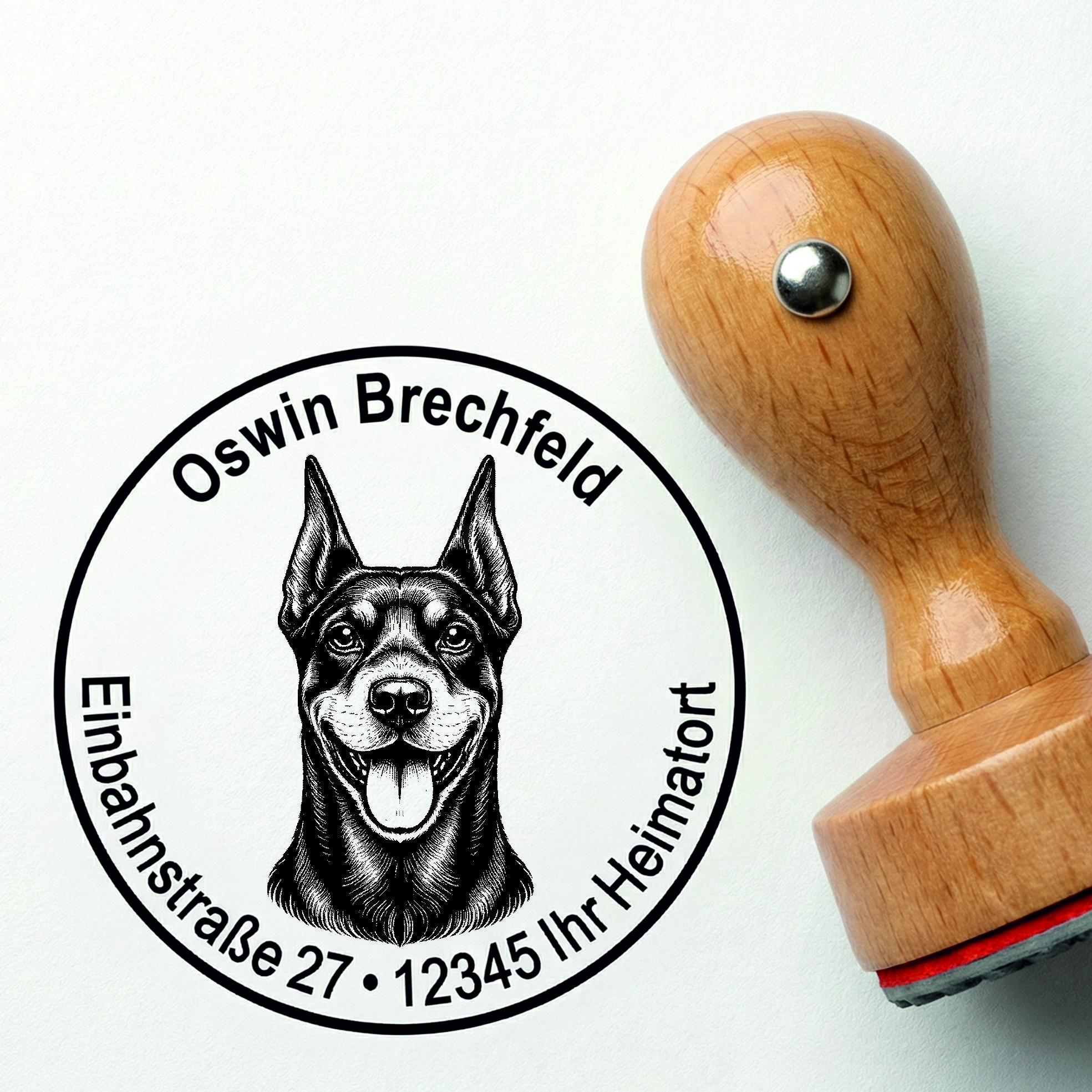 Stempel Dobermann personalisiert – Hund Holzstempel mit Name & Adresse