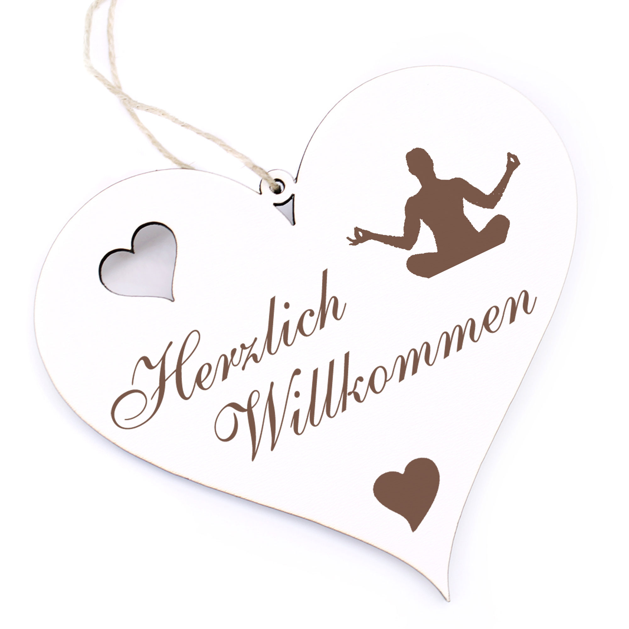 Herzlich Willkommen Schild - Yoga Lotossitz - Deko Herz Holz