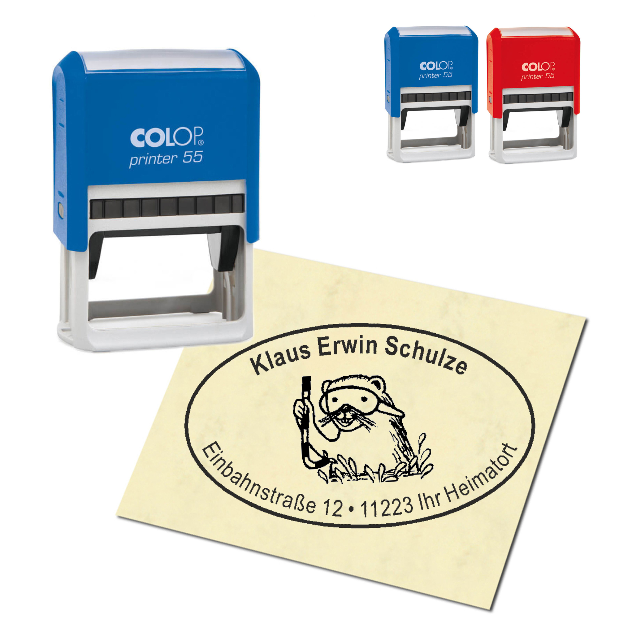 Adressstempel personalisiert Stempel - Maulwurf mit Taucherbrille - oval 59 x 39 mm