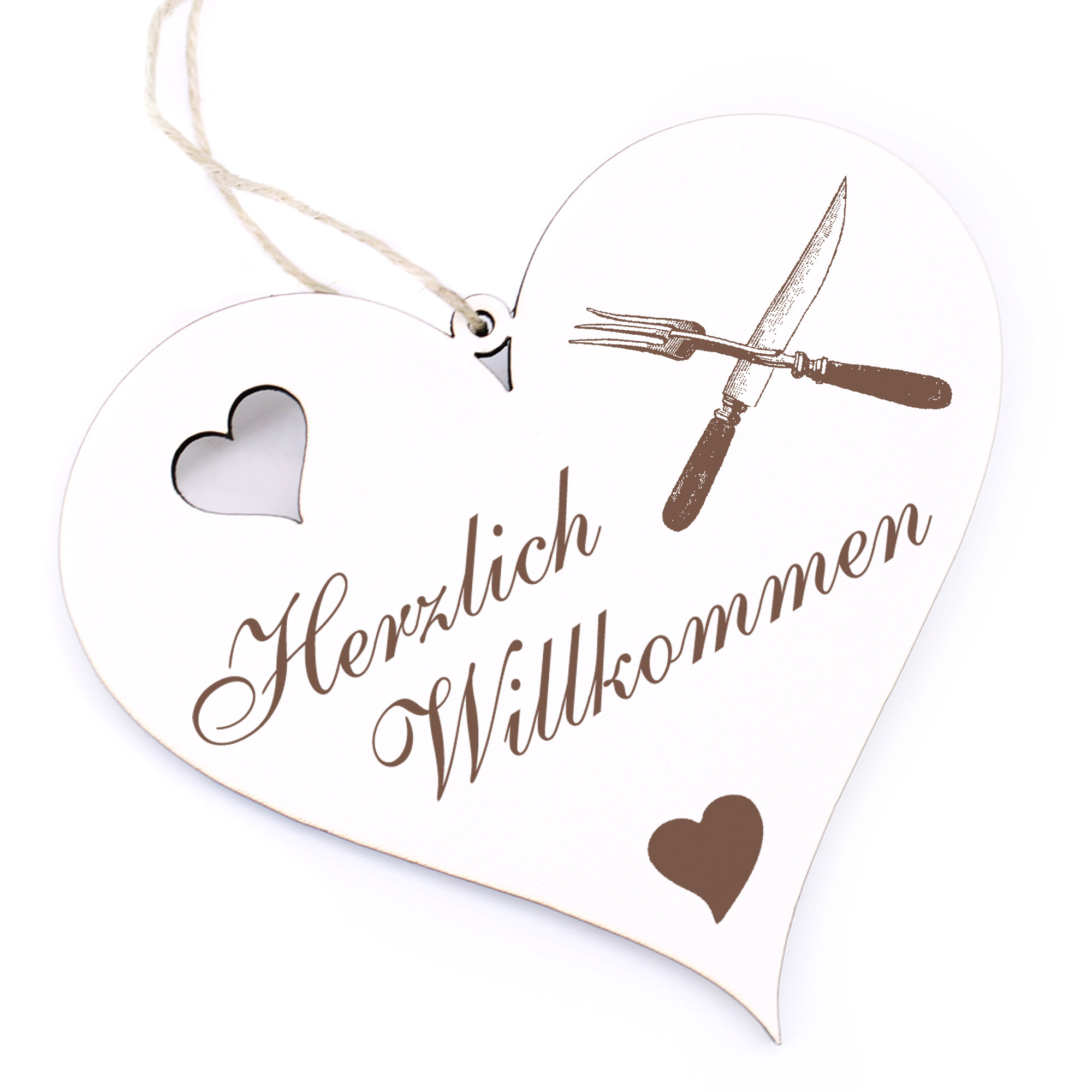 Herzlich Willkommen Schild - Messer & Gabel - Deko Herz Holz