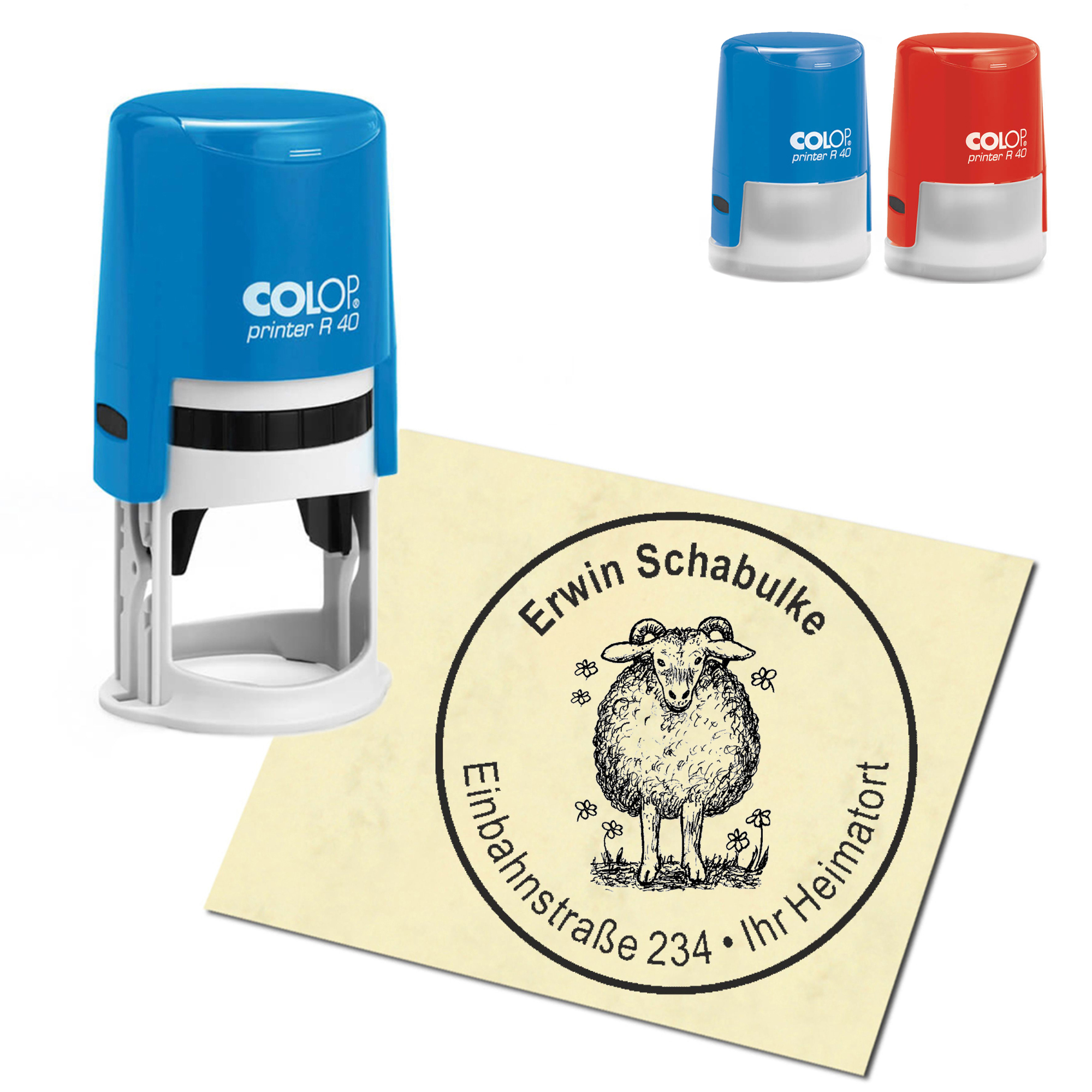 Stempel Adressstempel personalisiert - Schaf mit Blume - rund &empty; 40mm