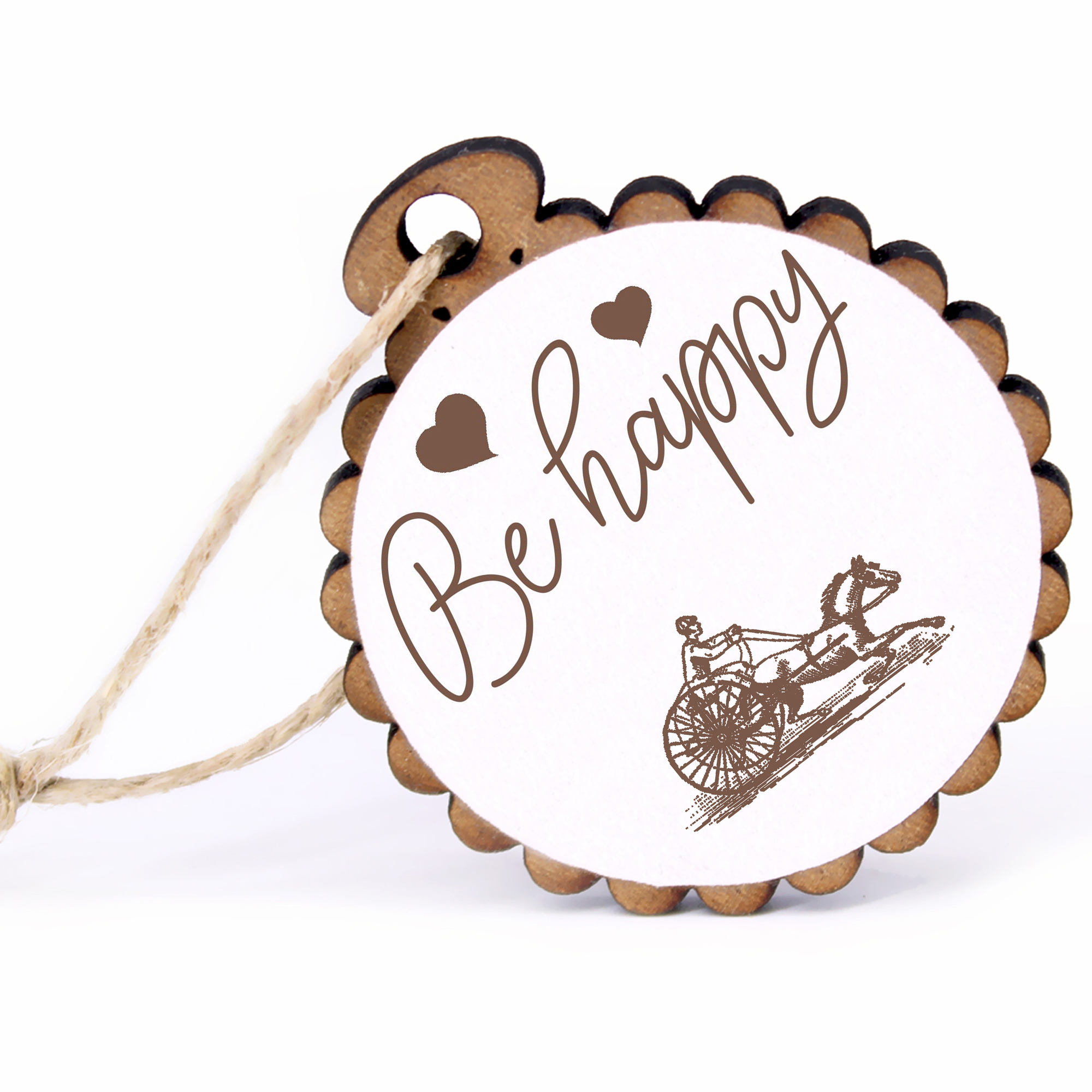 Geschenkanhänger - Be Happy Sulky -  Holz Ø-5cm - mit Juteband