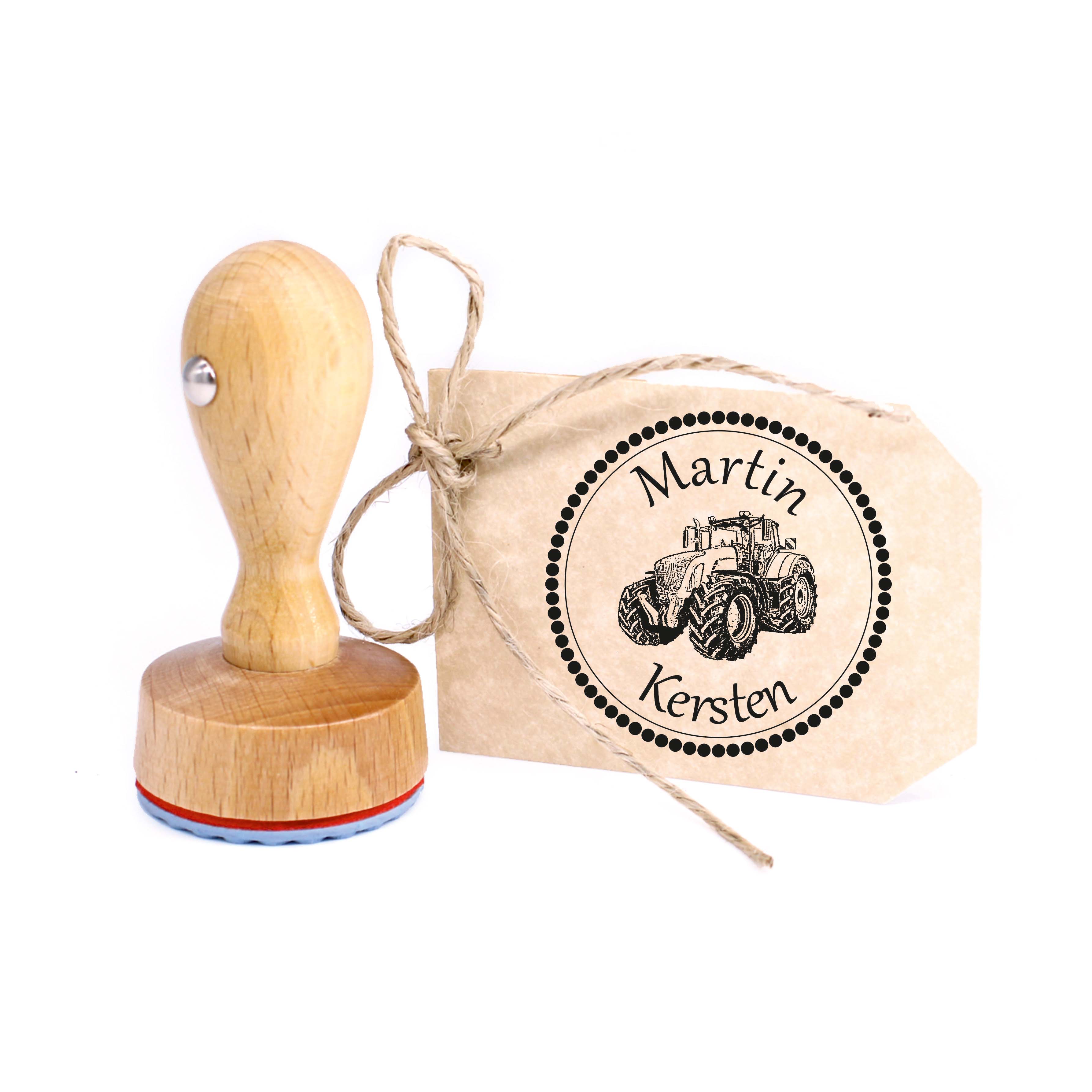 Kinderstempel Traktor - Holzstempel mit persönlichem Namen Ø 24 mm