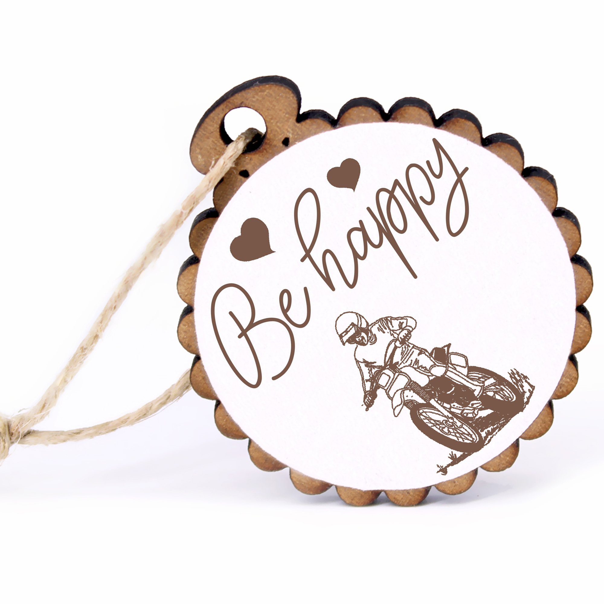 Geschenkanhänger - Be Happy Motocross -  Holz Ø-5cm - mit Juteband