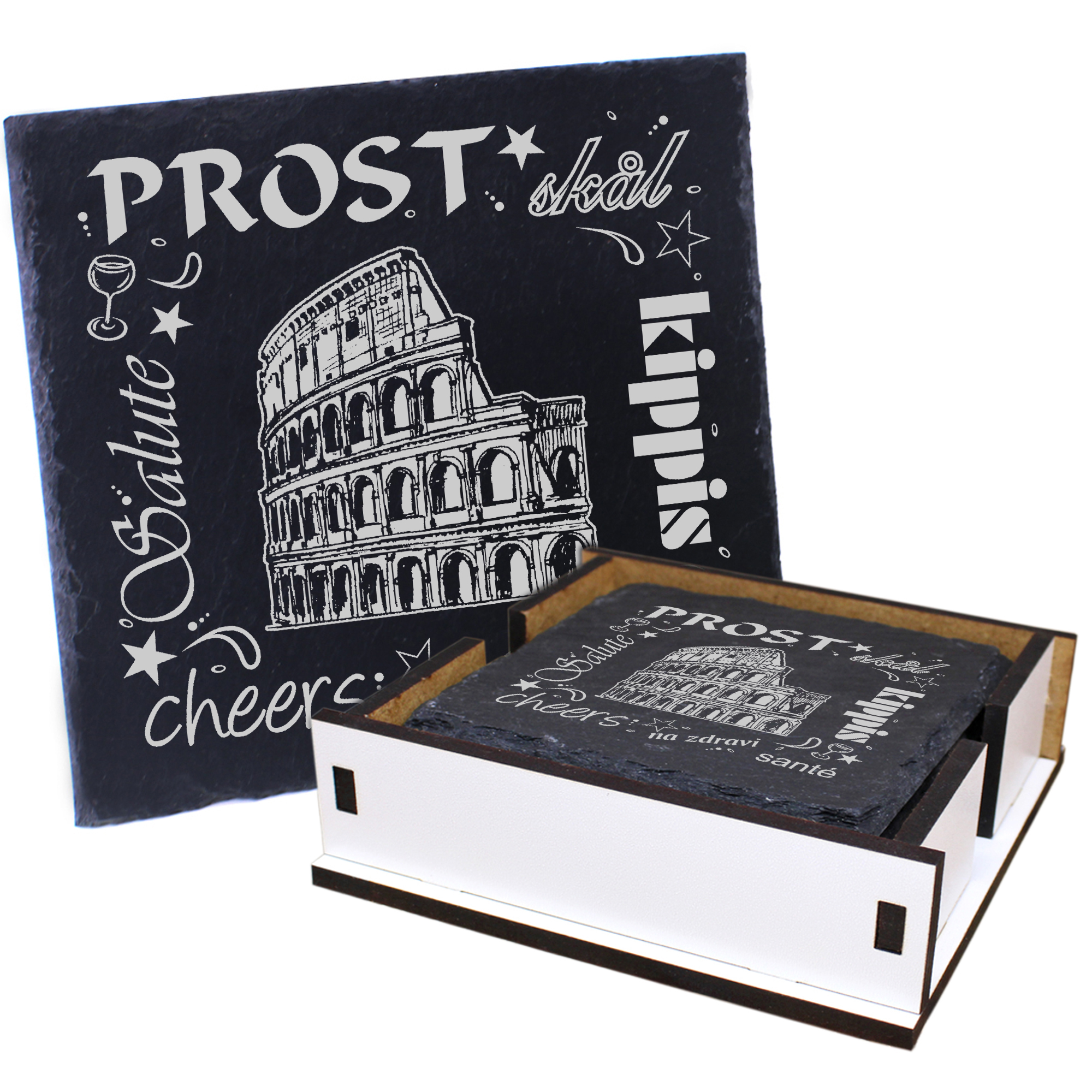 5 x Schiefer Untersetzer - Prost Kolosseum - inkl. Holzbox & Flaschenuntersetzer
