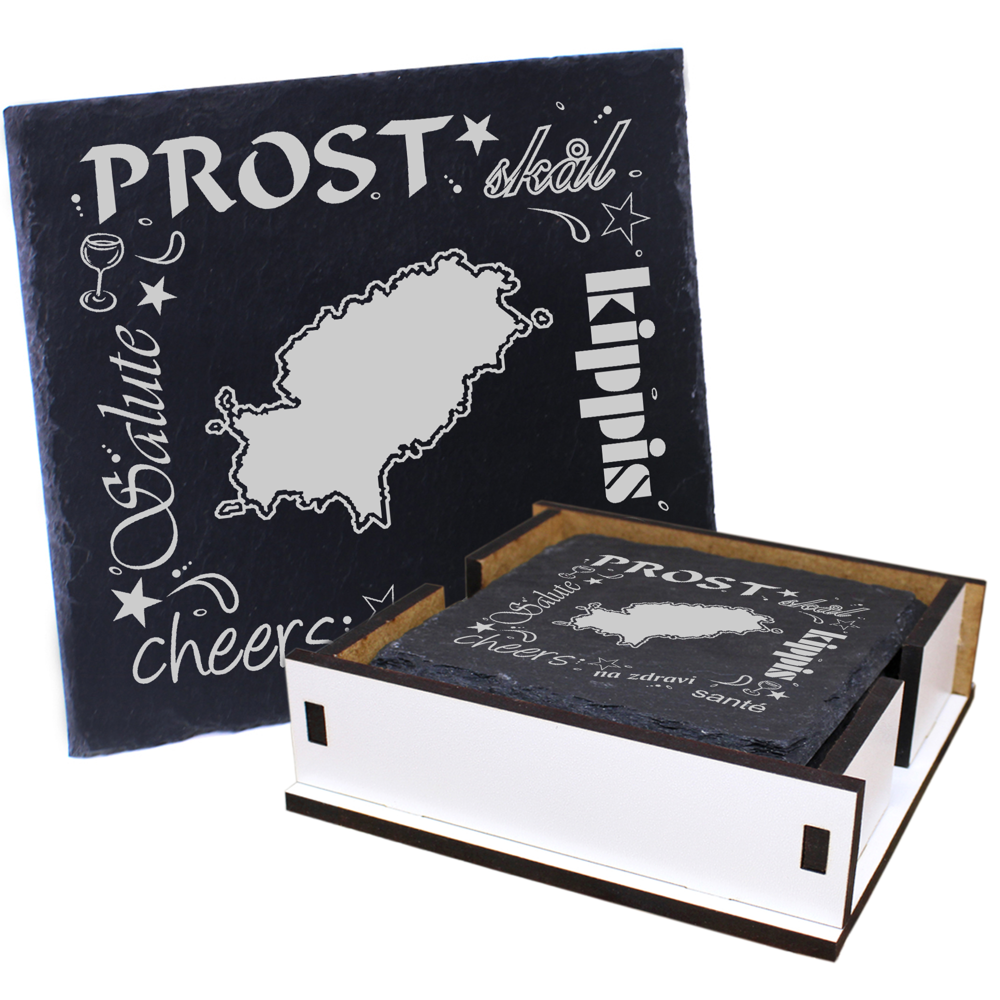 5 x Schiefer Untersetzer - Prost Insel Ibiza - inkl. Holzbox & Flaschenuntersetzer