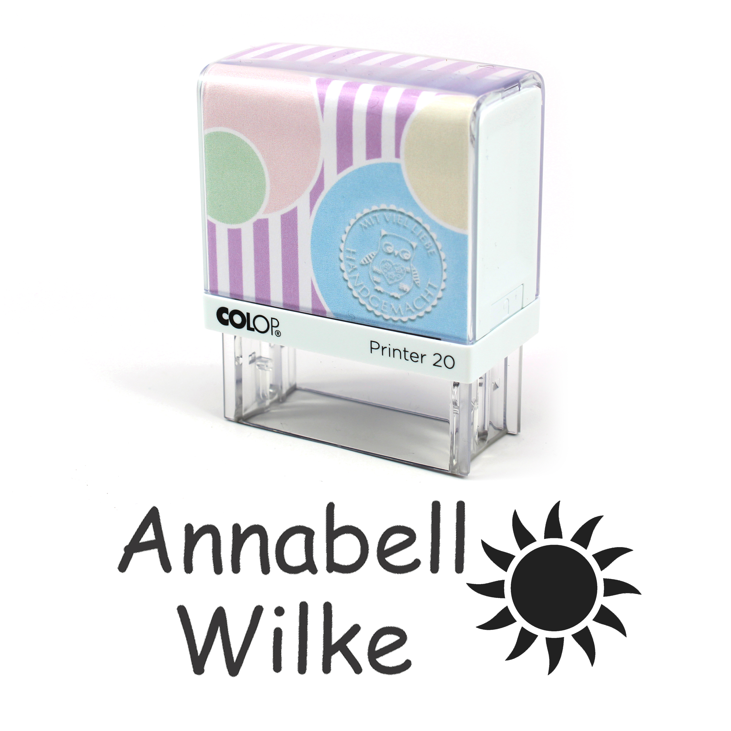 Textilstempel Sonne - personalisierter Automatikstempel mit Namen - für Textilien Kleidung