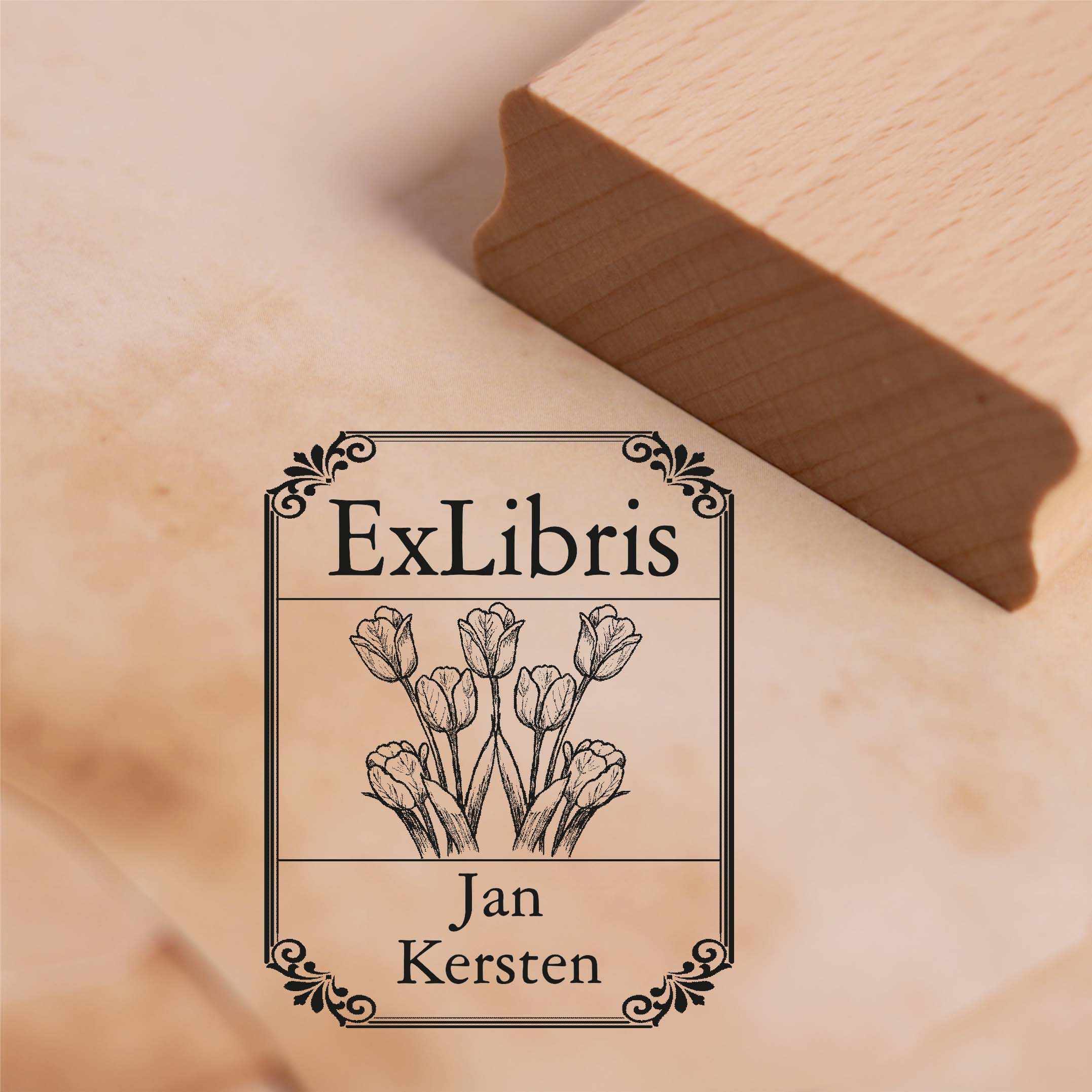 Ex Libris Stempel Tulpen mit Name - Vintage Rahmen - Exlibris Motivstempel 38 x 48 mm