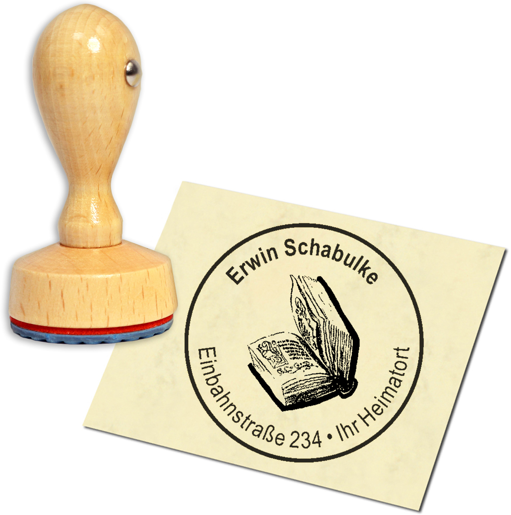 Stempel Adressstempel Holzstempel - Buch - rund 40mm