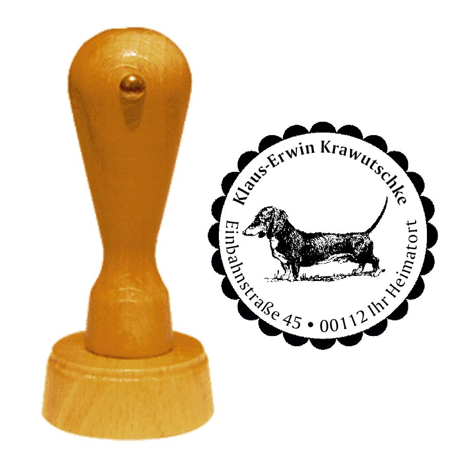 Adressstempel Dackel Dachshund -  Holzstempel personalisiert mit Adresse - Ø 40 mm