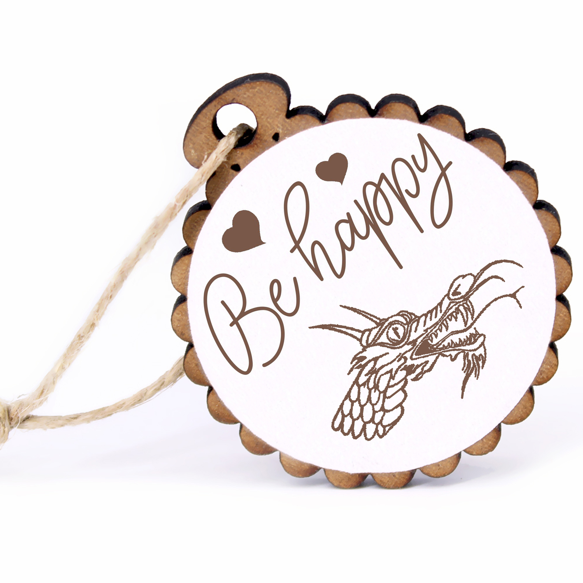 Geschenkanhänger - Be Happy Drachenkopf -  Holz Ø-5cm - mit Juteband