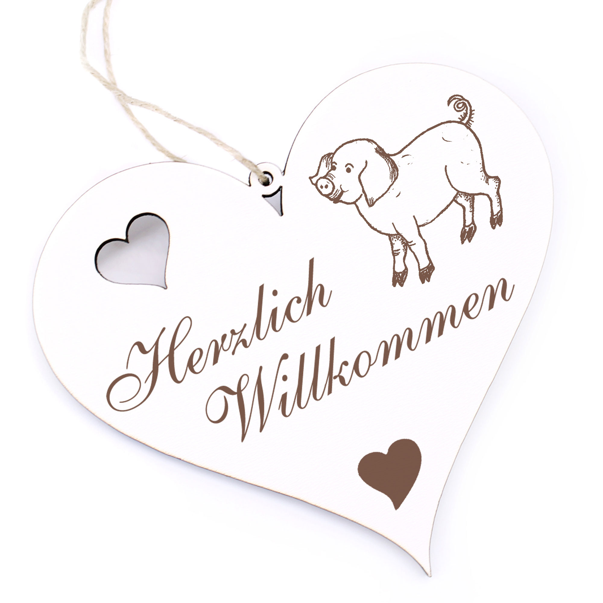 Herzlich Willkommen Schild - Ferkel - Deko Herz Holz