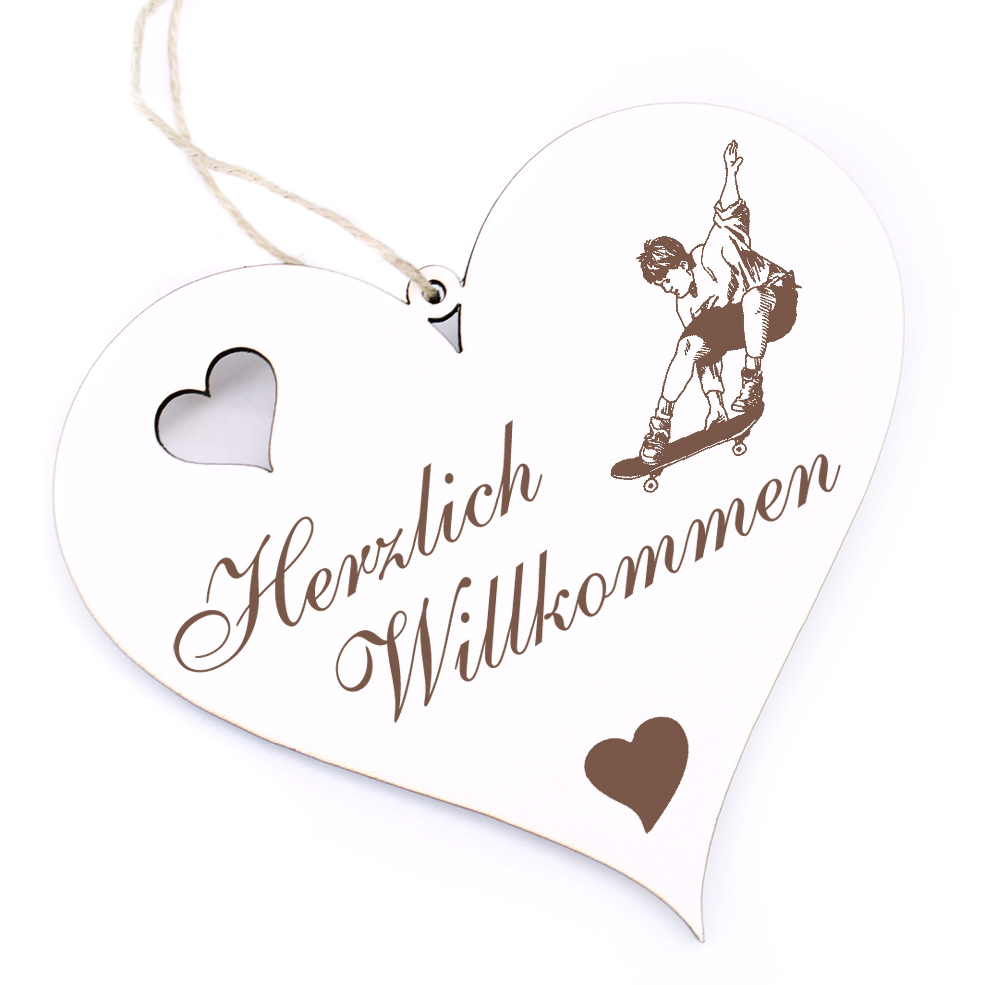 Herzlich Willkommen Schild - Skater - Deko Herz Holz