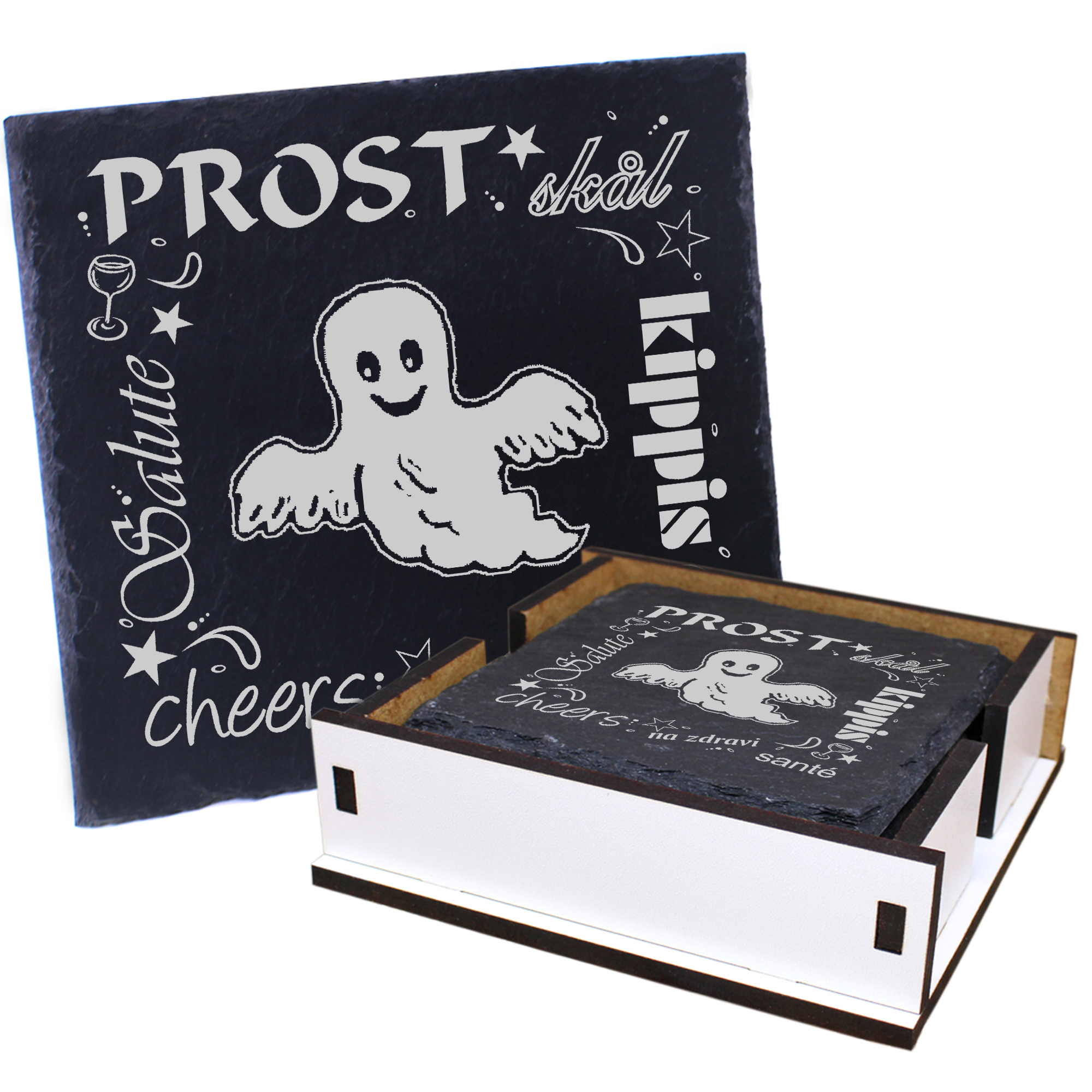 5 x Schiefer Untersetzer - Prost lustiges Gespenst - inkl. Holzbox & Flaschenuntersetzer