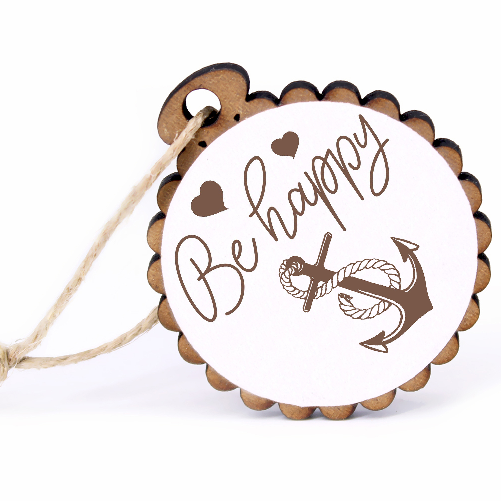 Geschenkanhänger - Be Happy Anker -  Holz Ø-5cm - mit Juteband